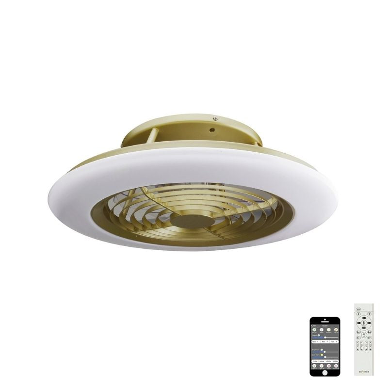 MantraM6707AlisioDimmableCeilingLightWithBuilt-InReversibleFaninMattBurnishedGoldandWhiteFinish