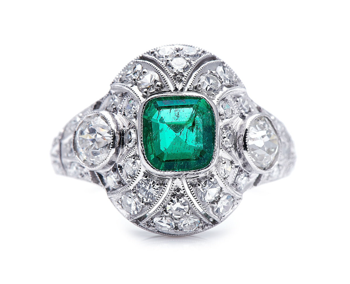 AntiqueLateEdwardian_Platinum_ColombianEmeraldandDiamondClusterRing-Front