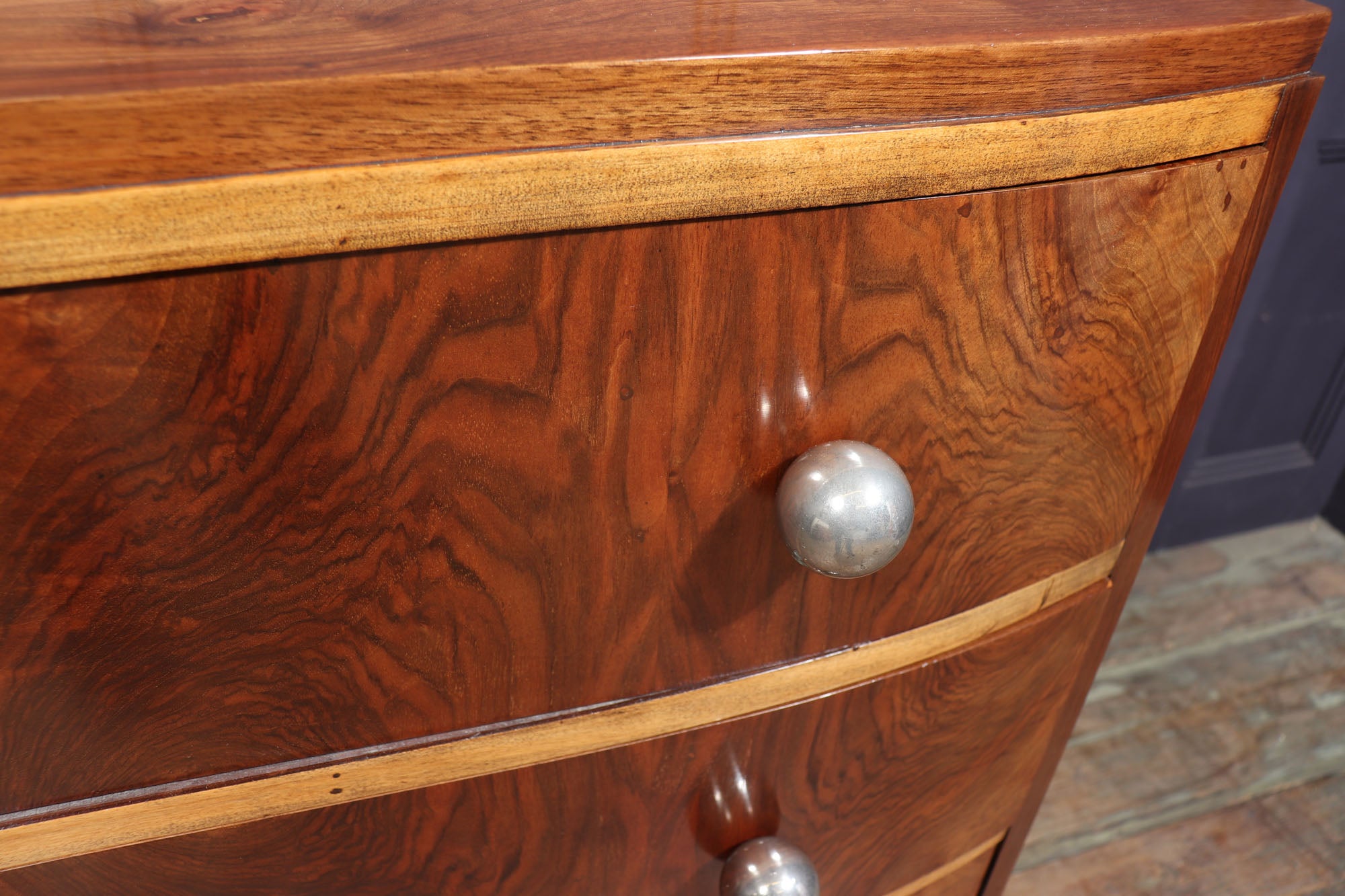 French-Art-Deco-Walnut-Bow-Fronted-Chest-of-Drawers-handle