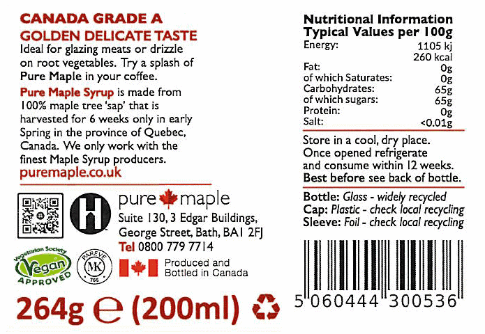 Golden-Delicate-Maple-Syrup-200ml-264g-label-Pure-Maple-Syrup