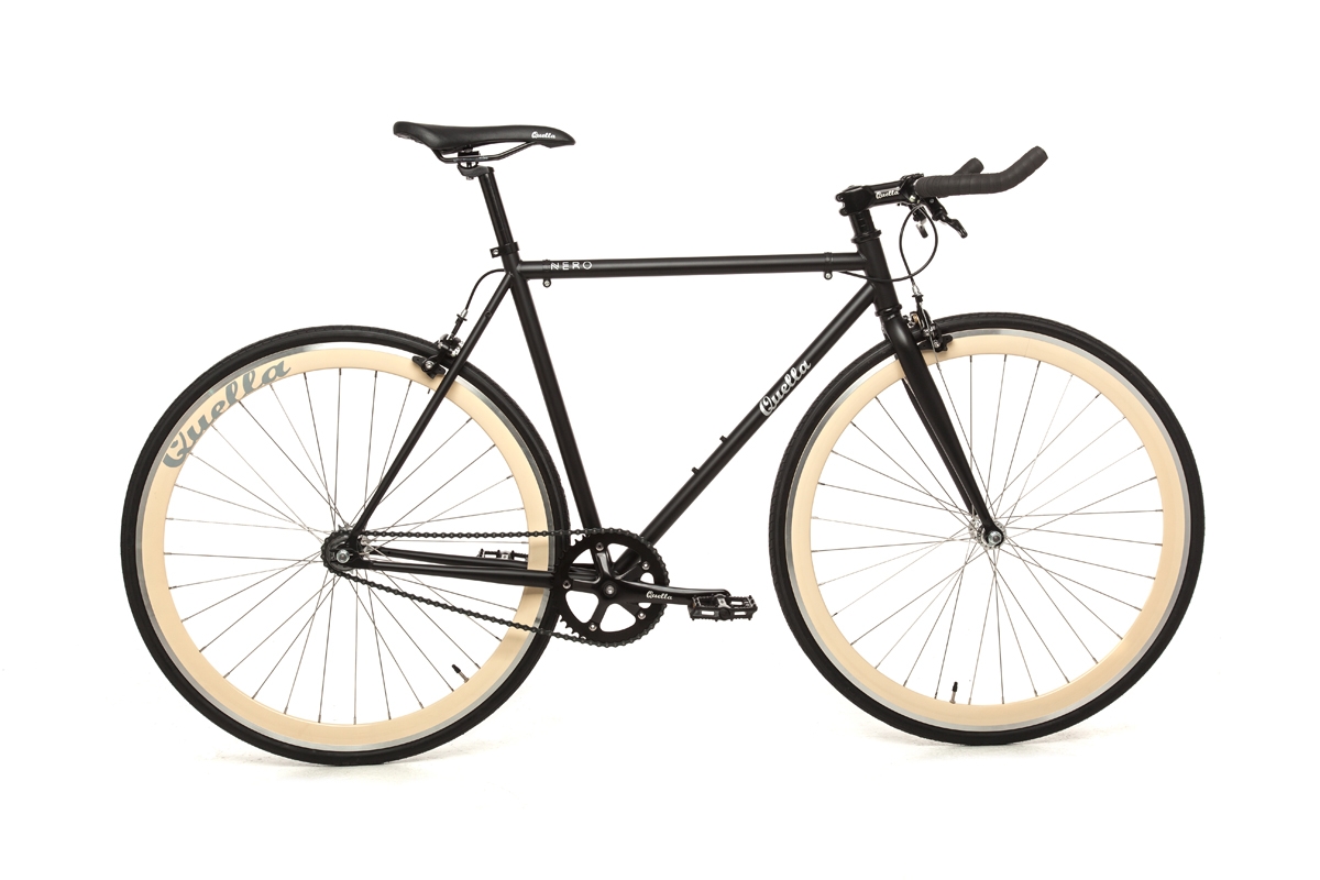 Single Speed Bike – Fixie Bicycle – Black / Cream – 61cm ( 6′ 2″ & above ) – Steel Frame – Quella Bicycles
