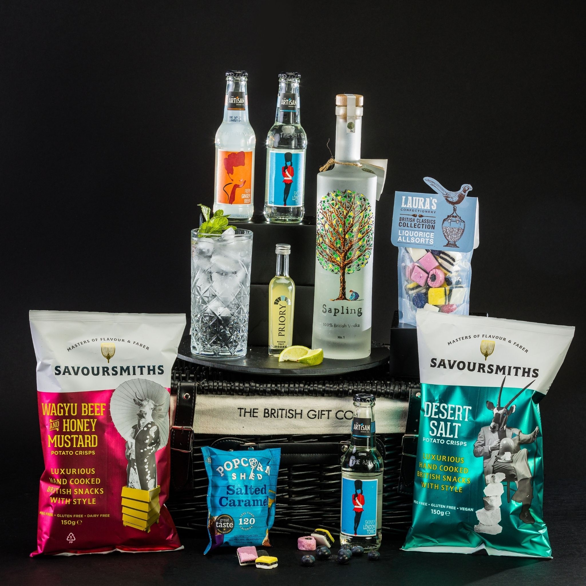 Vodka Gift Basket with Tonic, Ginger Beer, Crisps and Sweet Treats – The British Gift Co.