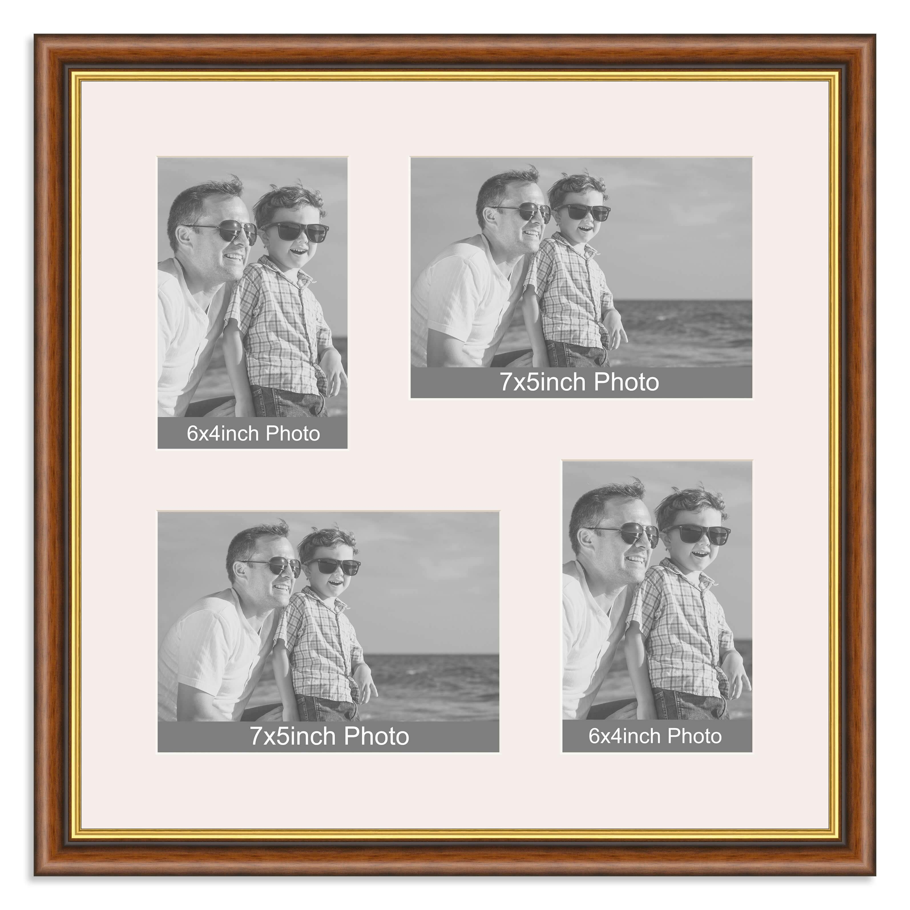 Mahogany & Gold Wooden Multi Aperture Photo Frame for two 7×5/5x7in and two 6×4/4x6in photos