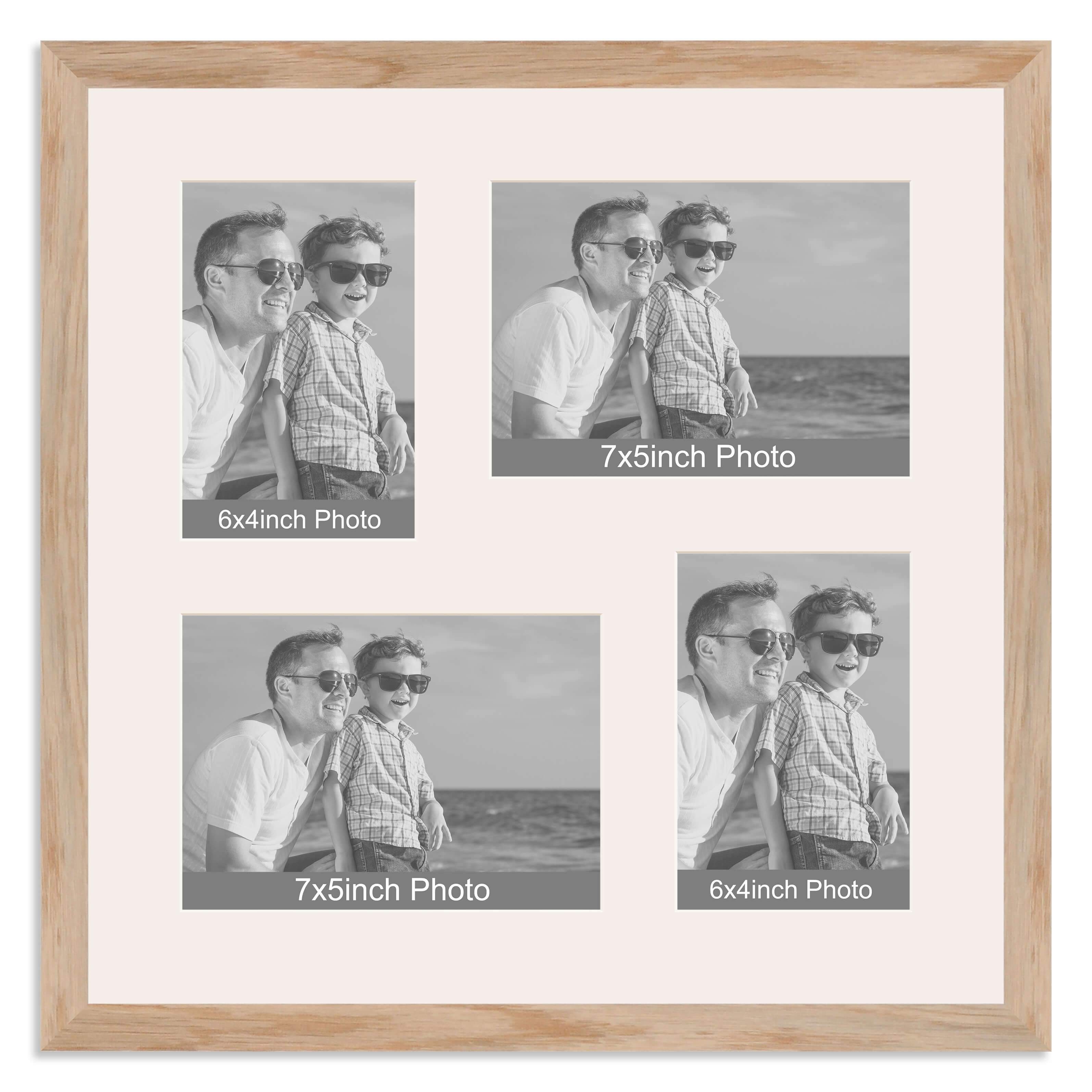 Solid Oak Multi Aperture Photo Frame for two 7×5/5x7in and two 6×4/4x6in photos