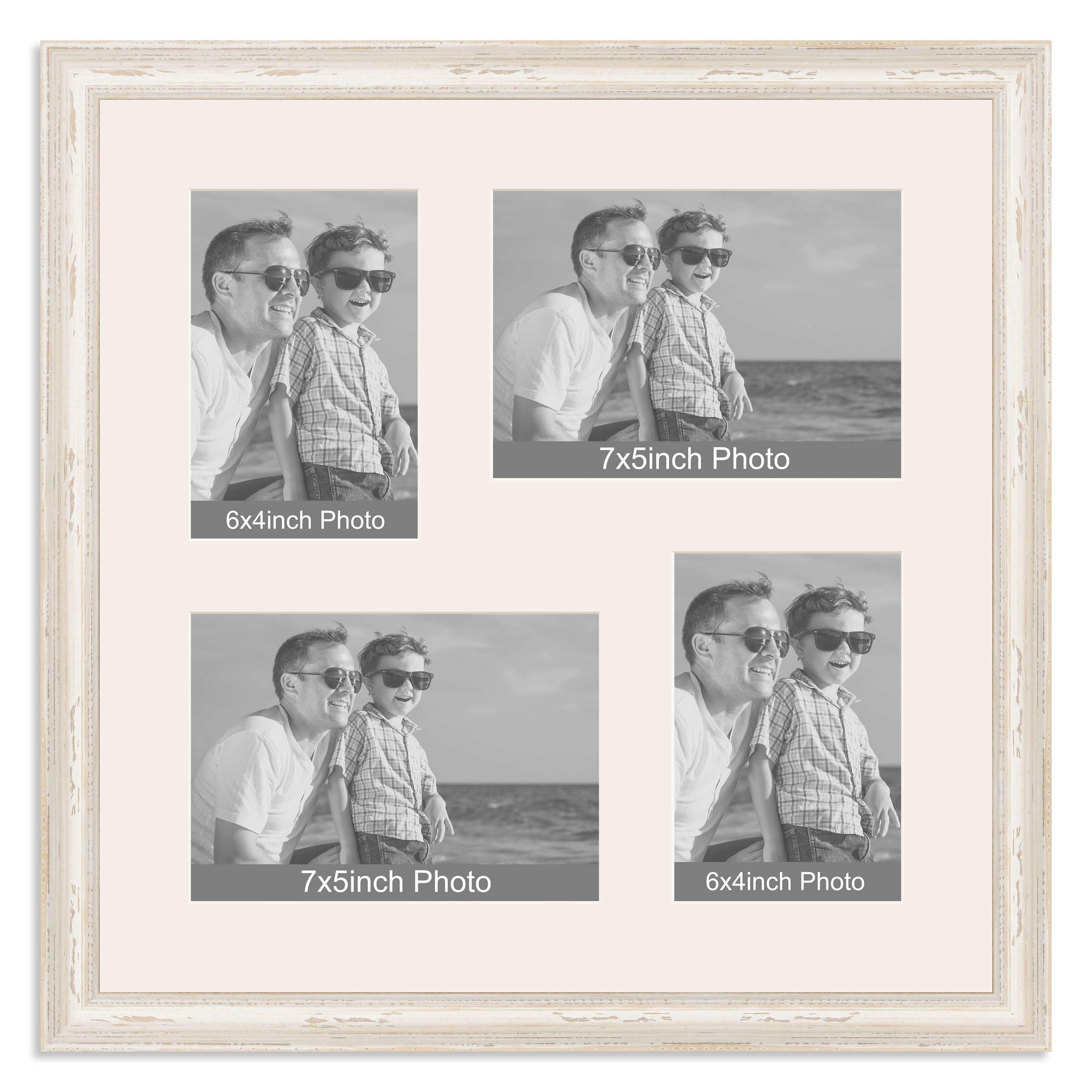 White Shabby Chic Multi Aperture Photo Frame for two 7×5/5x7in and two 6×4/4x6in photos