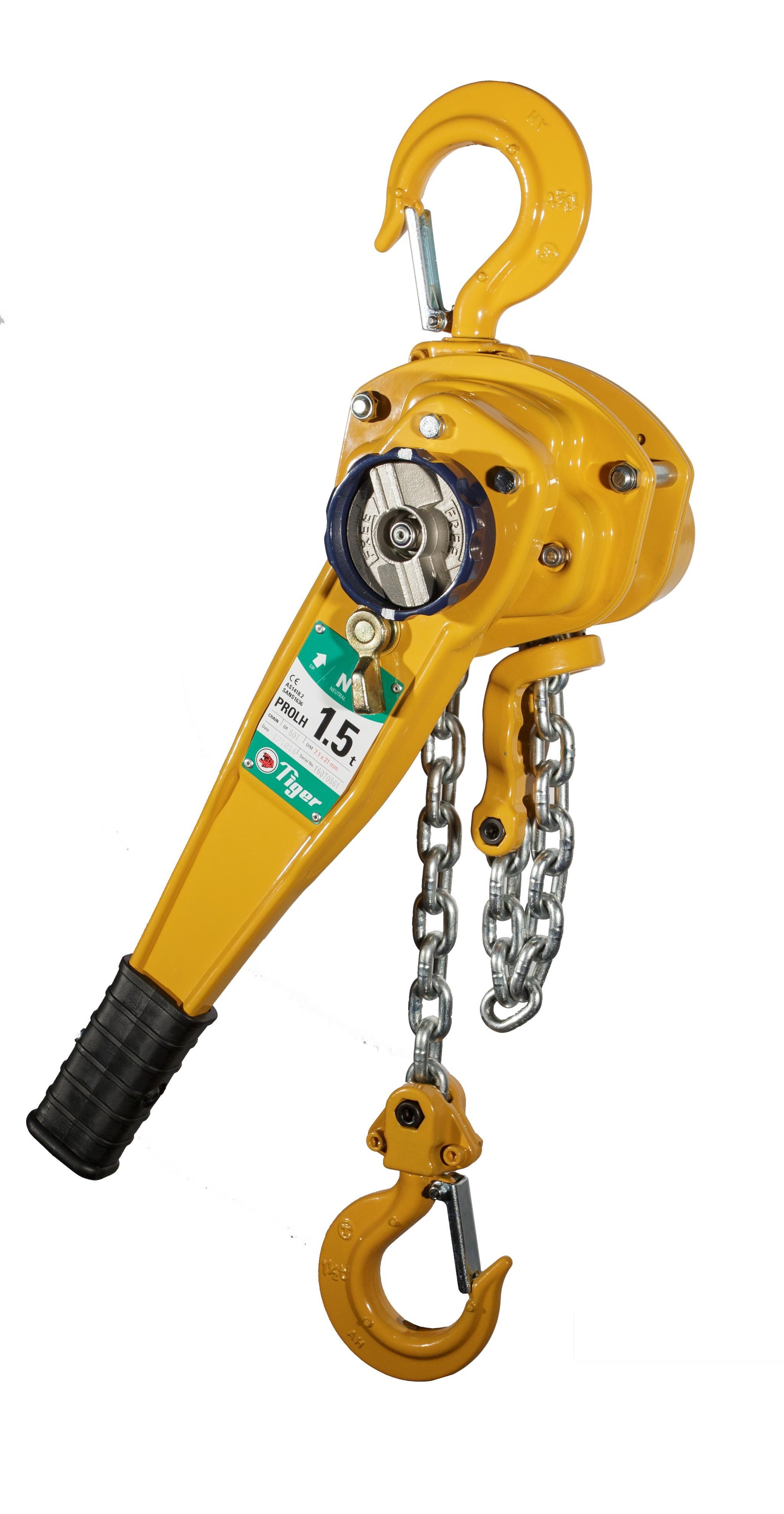 Hoistshop – Tiger Professional Lever Hoist Type PROLH – 3.0T Capacity With Travelling End-Stop – 210-21 – 5.5m – Stainless Steel – Yellow / Silver