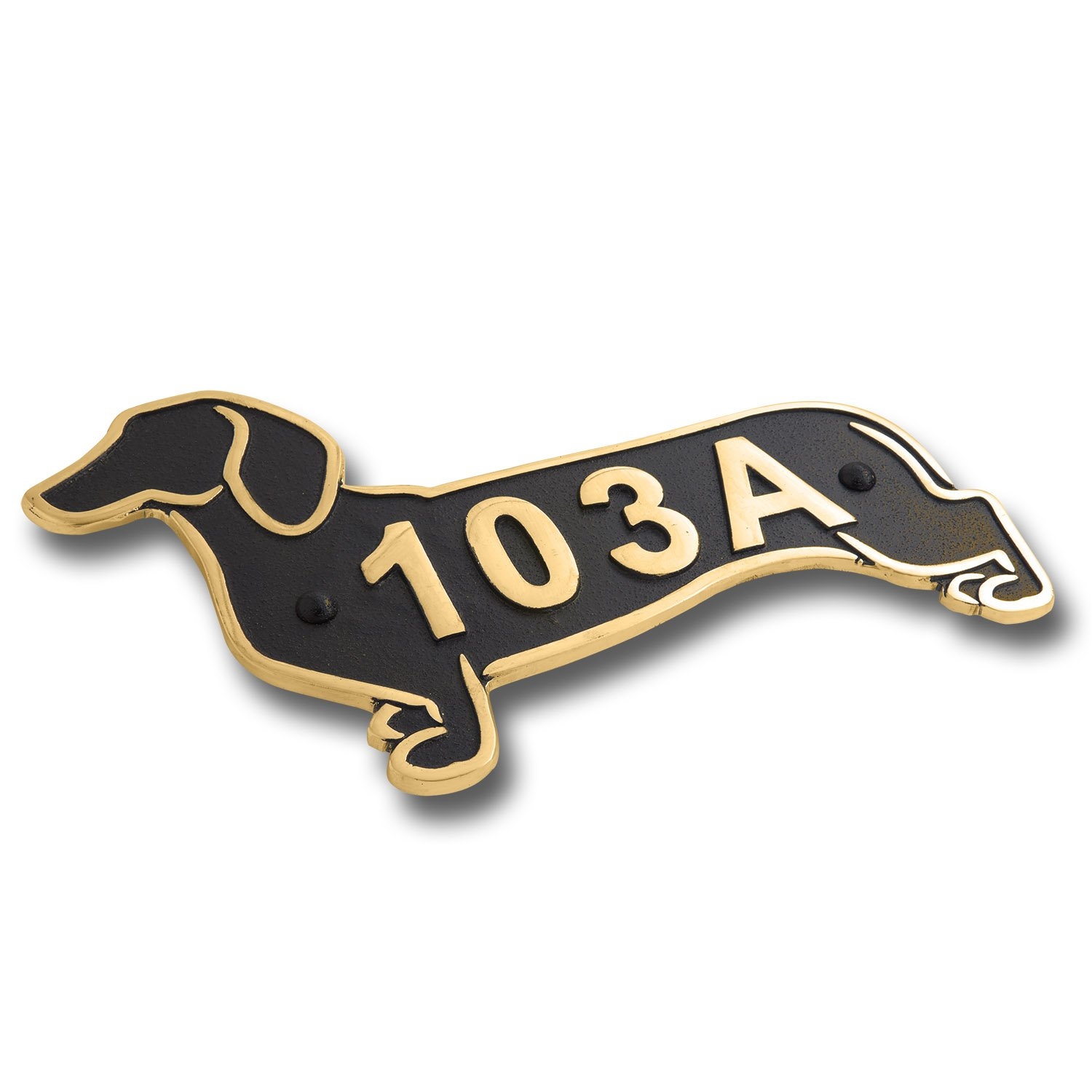 Dachshund Metal House Number Address Plaque. Sausage Dog Gift Idea For A Dachshund Owner. Yard Or Garden Dachshund Décor Makes A Great Gift For Him Or Her – Brass & Black