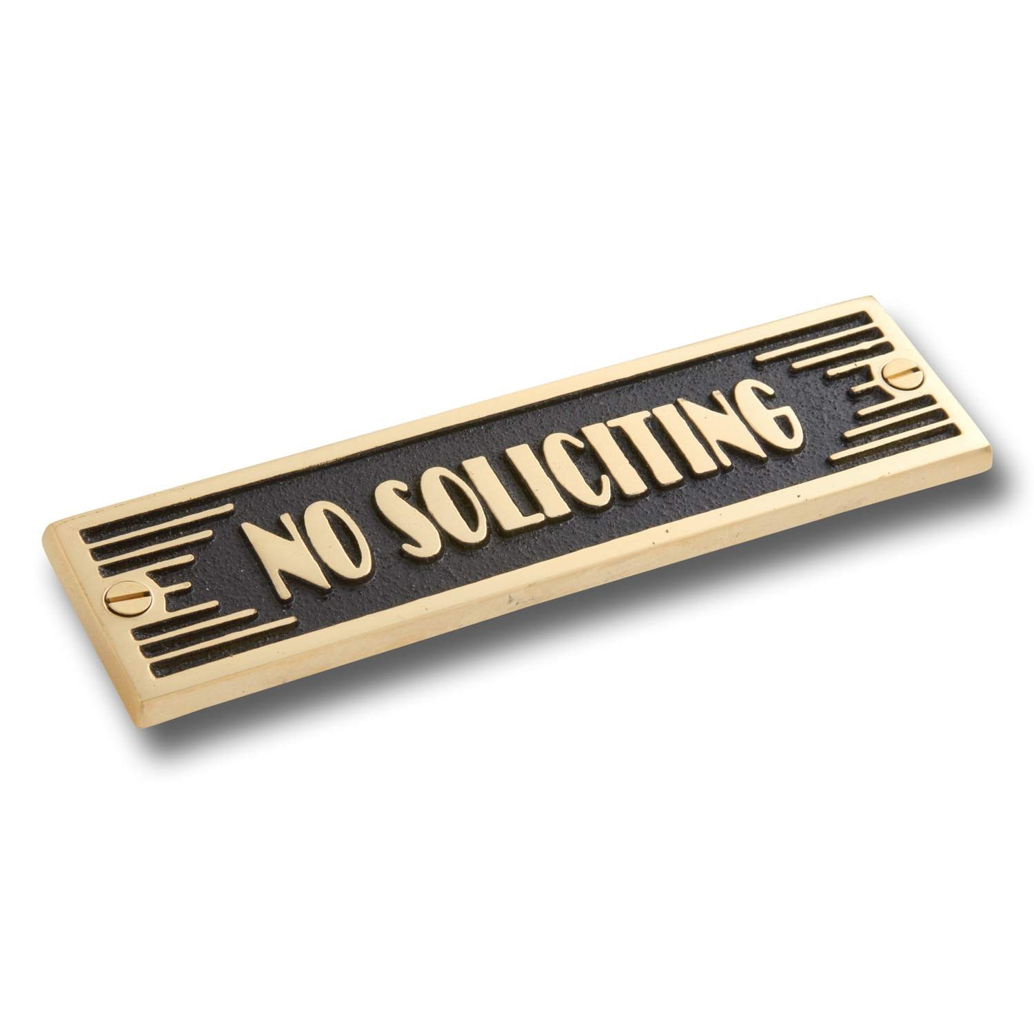 No Soliciting Metal Door Sign.  Art Deco Style Home Décor Wall Plaque Accessories – No Soliciting + Arrow Brass