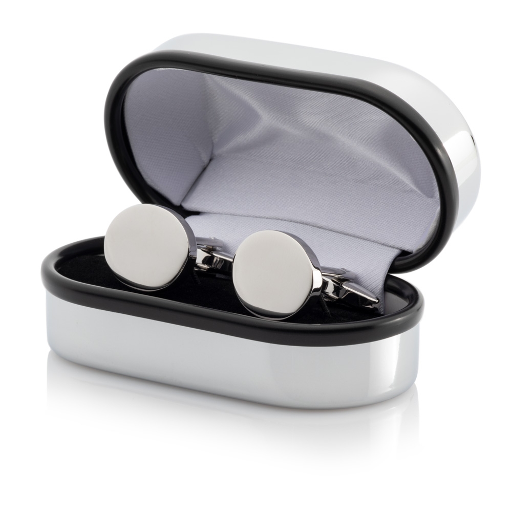 Silver Plated Oval Cufflinks Chrome Case