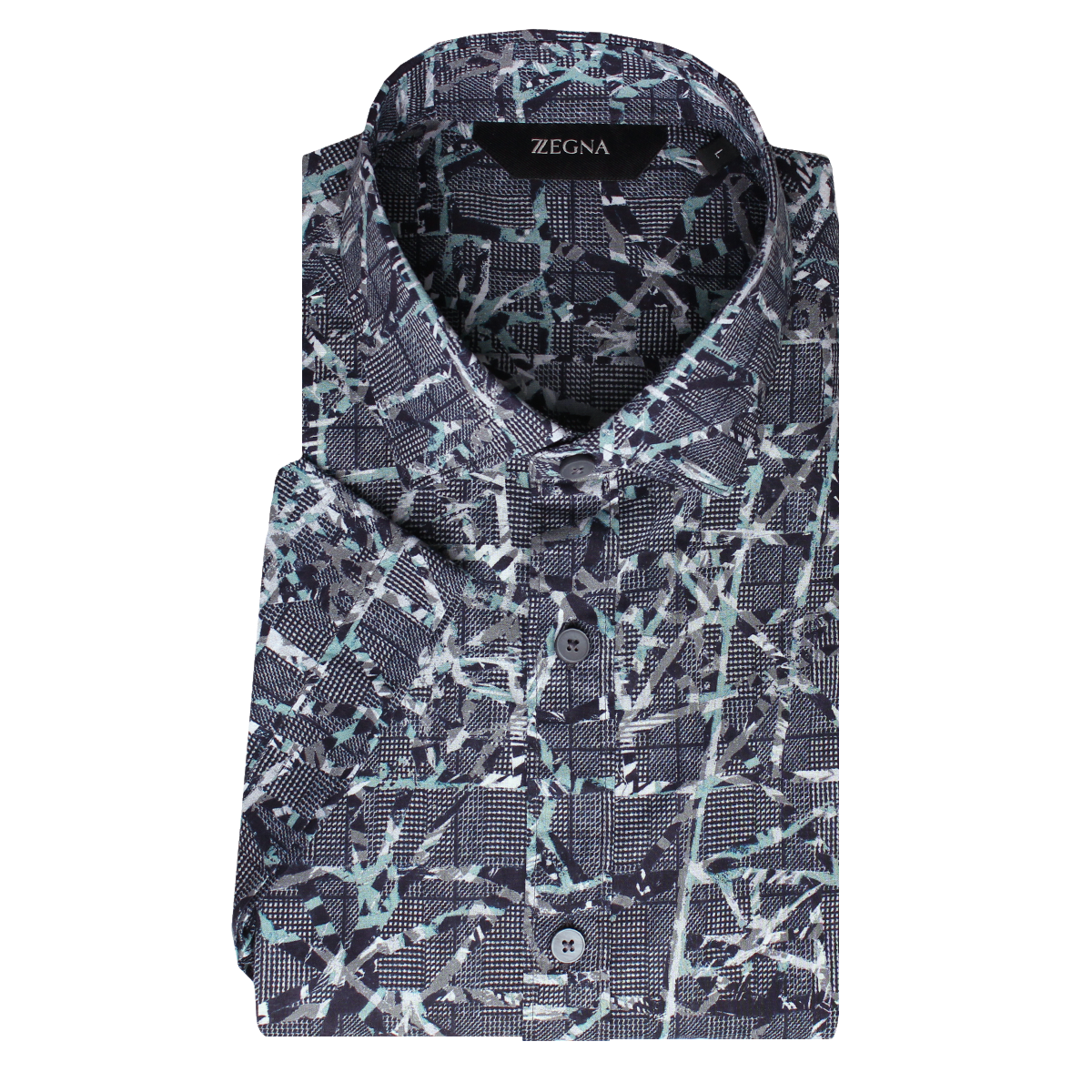 Z Zegna Mens Navy & Teal Pattern Short Sleeve Slim Fit Linen Shirt – XL – Robert Old & Co