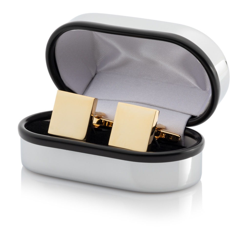 Gold Plated Square Cufflinks Engraved Chrome Case