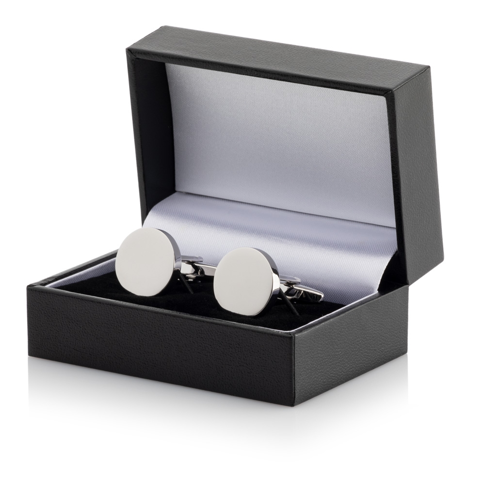 Silver Plated Round Cufflinks Leatherette Case