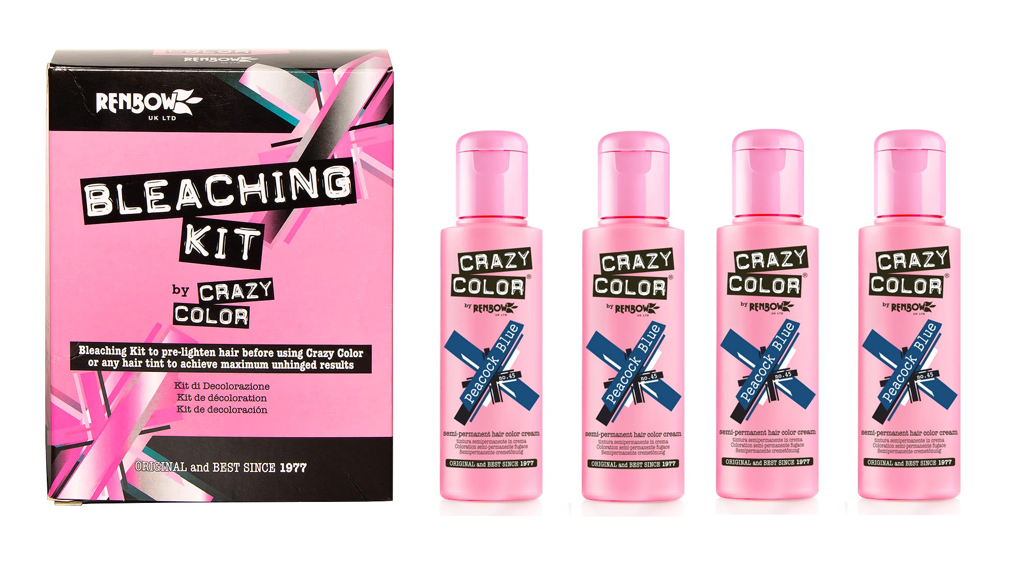 Crazy Color Hair Dye 100ml – Peacock Blue x4 and Bleaching Kit