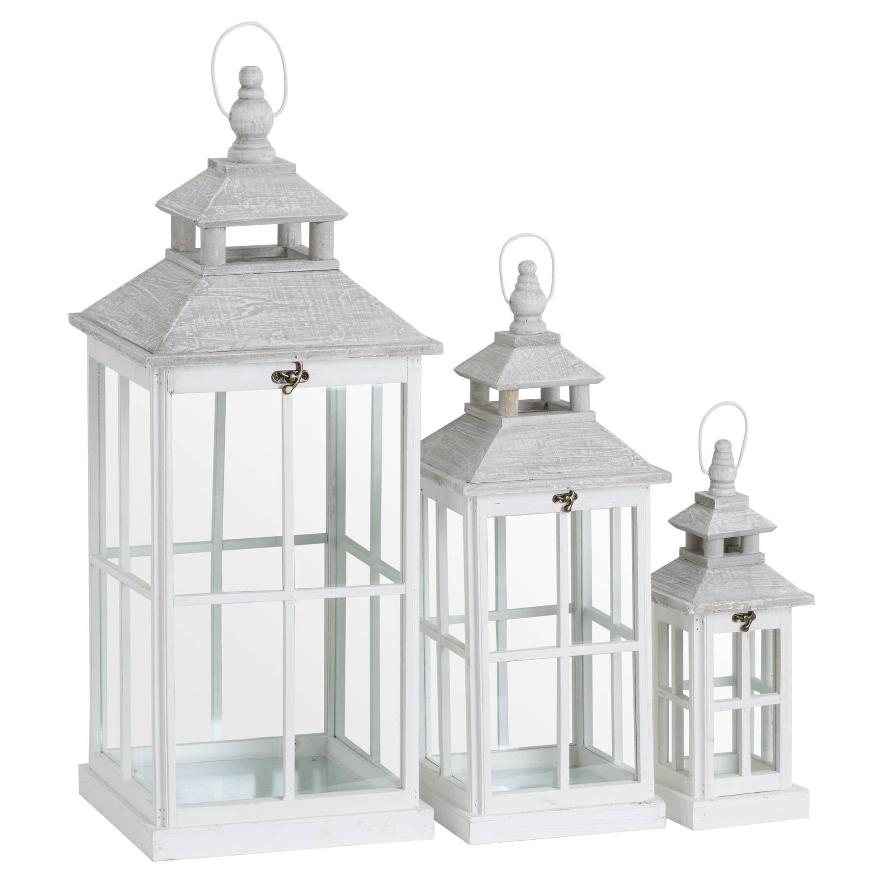 Set Of 3 White Window Style Lanterns With Open Top White & Glass – Honeymaid Interiors