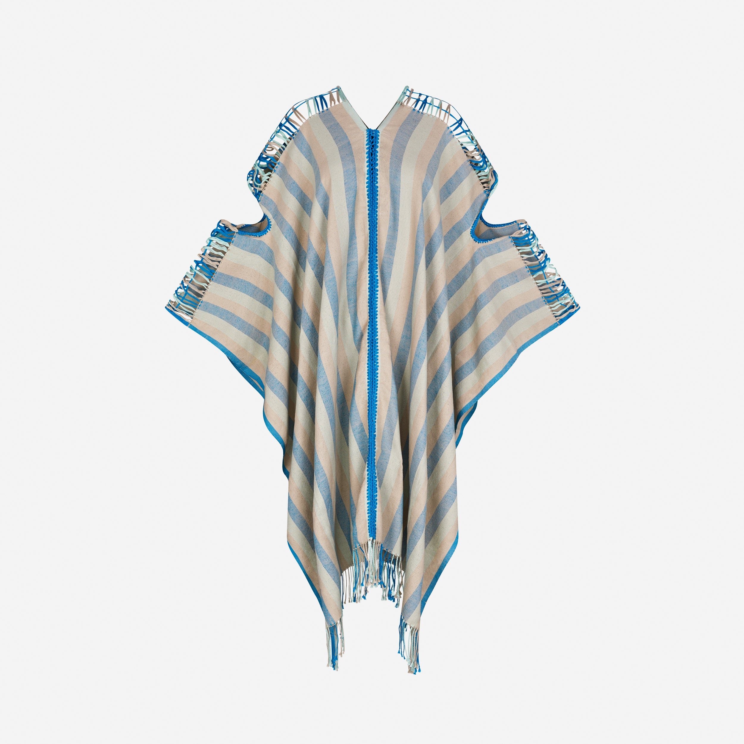 Cali Pima Cotton Beach Kaftan Striped – One Size – Poncho – Handmade Tassels – Drop Shoulder – Aessai