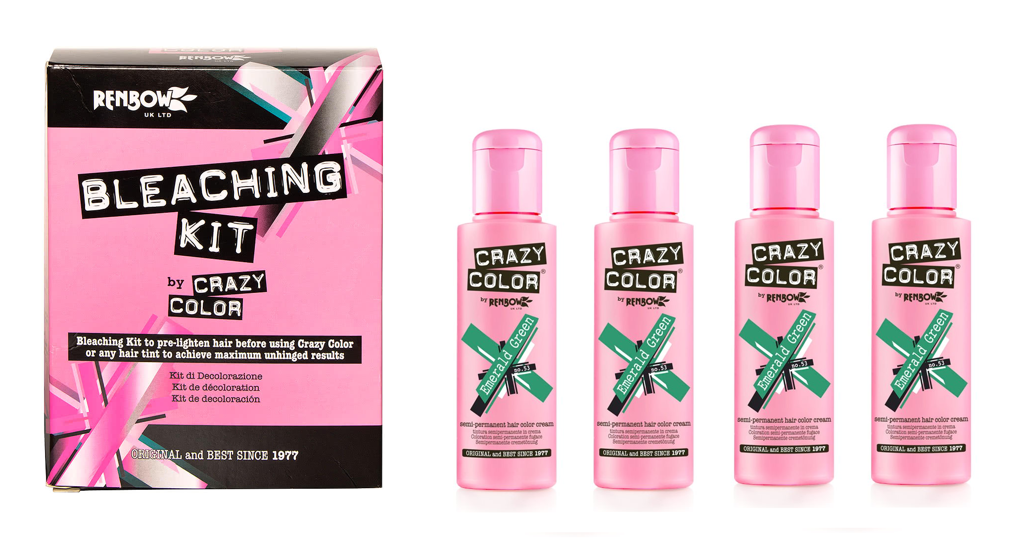 Crazy Color Hair Dye 100ml – Emerald Green x4 and Bleaching Kit
