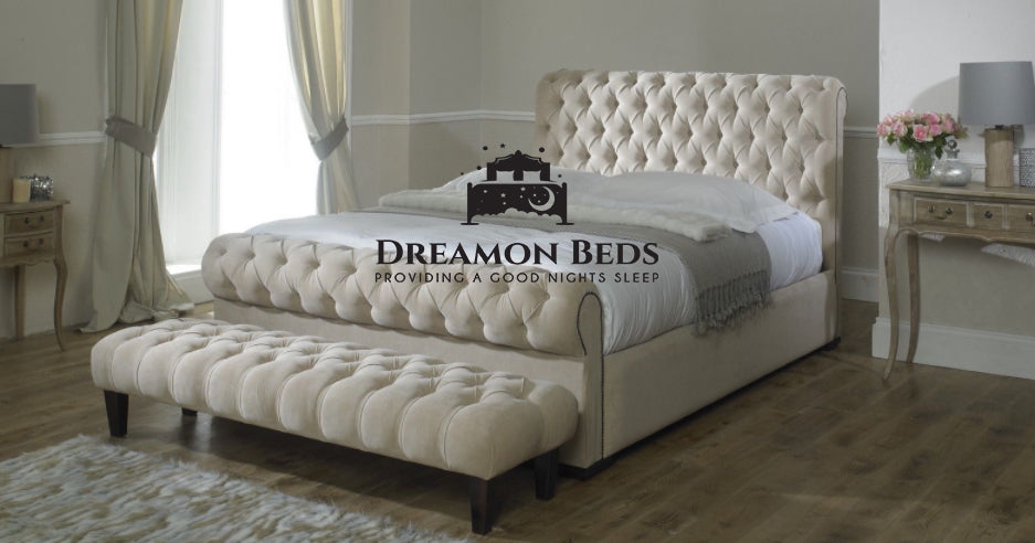 Sydney Scroll Sleigh Bed Frame – Endless Customisation – Choice Of 25 Colours & Materials – Dreamon Beds
