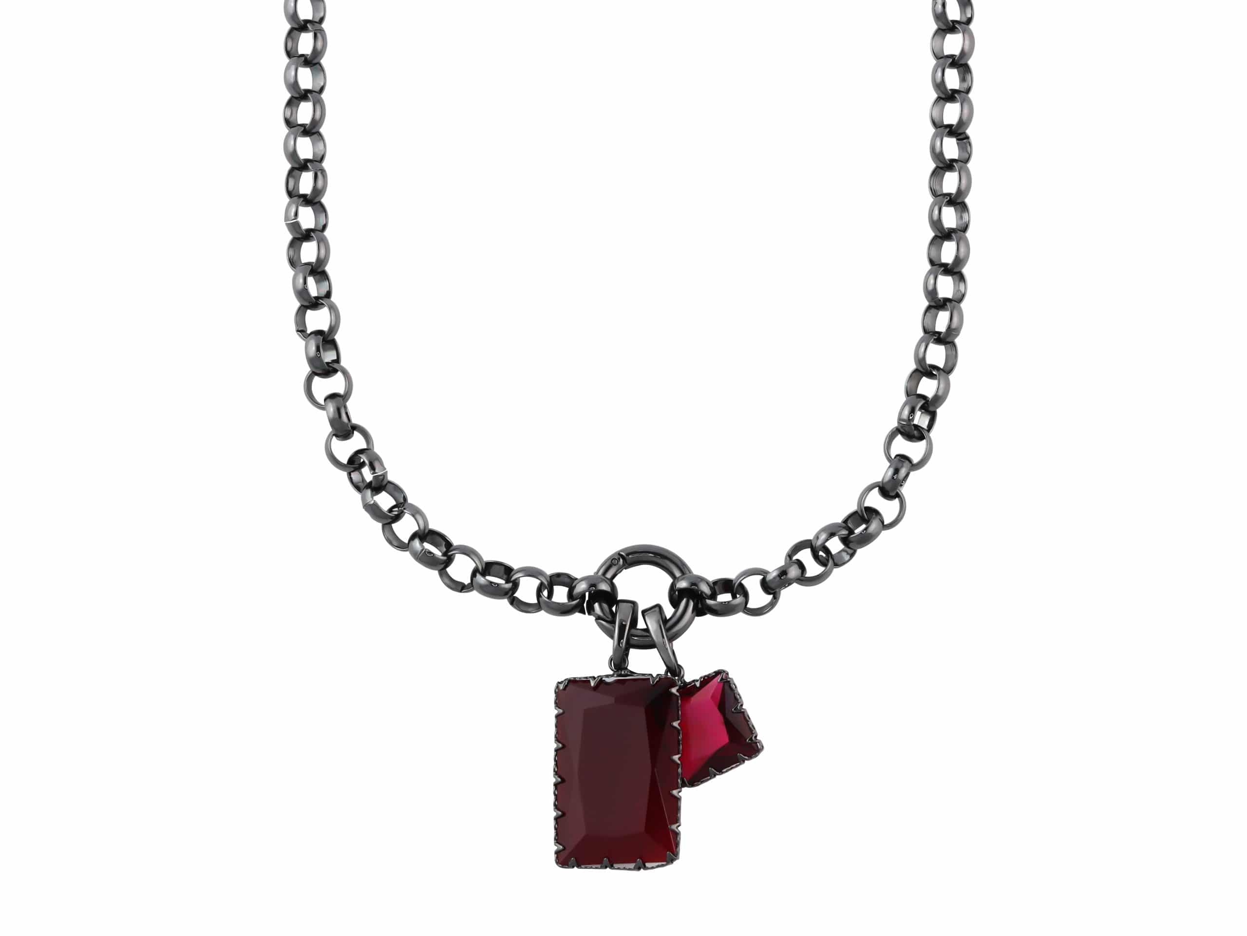 Jeanne Allure 2 Baguette Plated Brass Belcher Chain Necklace in Hematite, Fuchsia and Ruby – Big Metal London