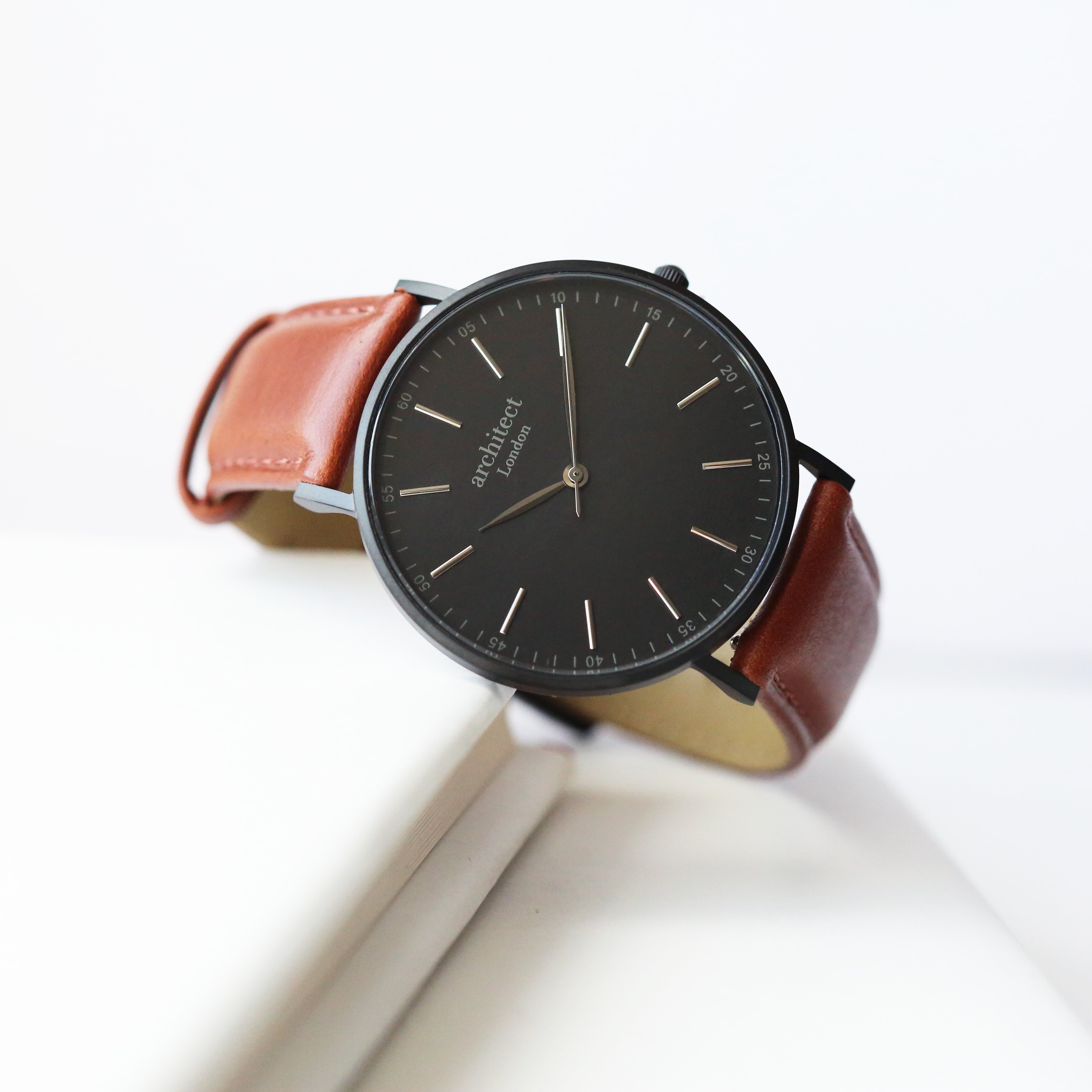 Handwritten Engraving – Men’s Minimalist Watch – Walnut Strap – Genuine Leather / Stainless Steel – Architect Watches