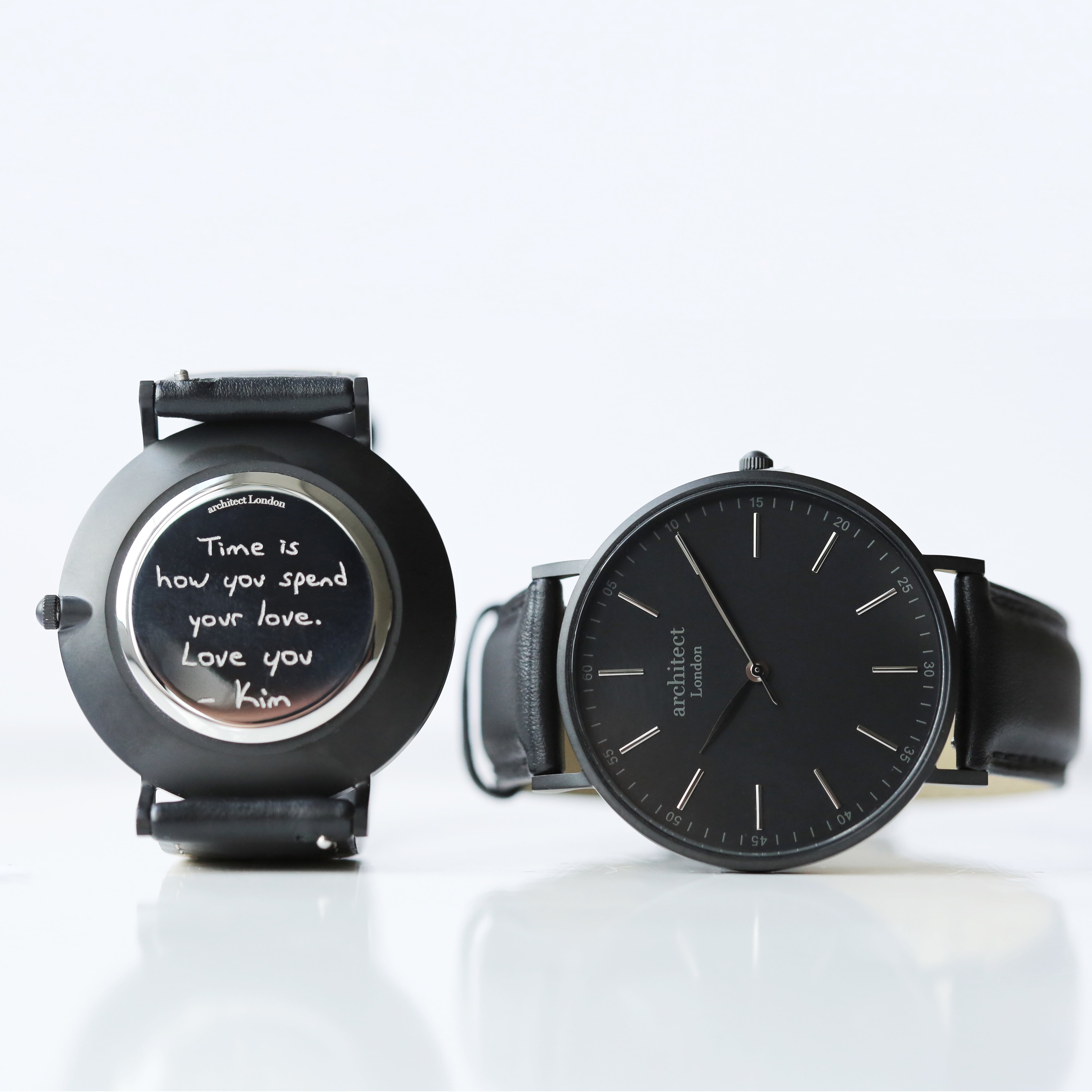 Handwritten Engraving – Men’s Minimalist Watch – Jet Black Strap – Genuine Leather / Stainless Steel – Architect Watches