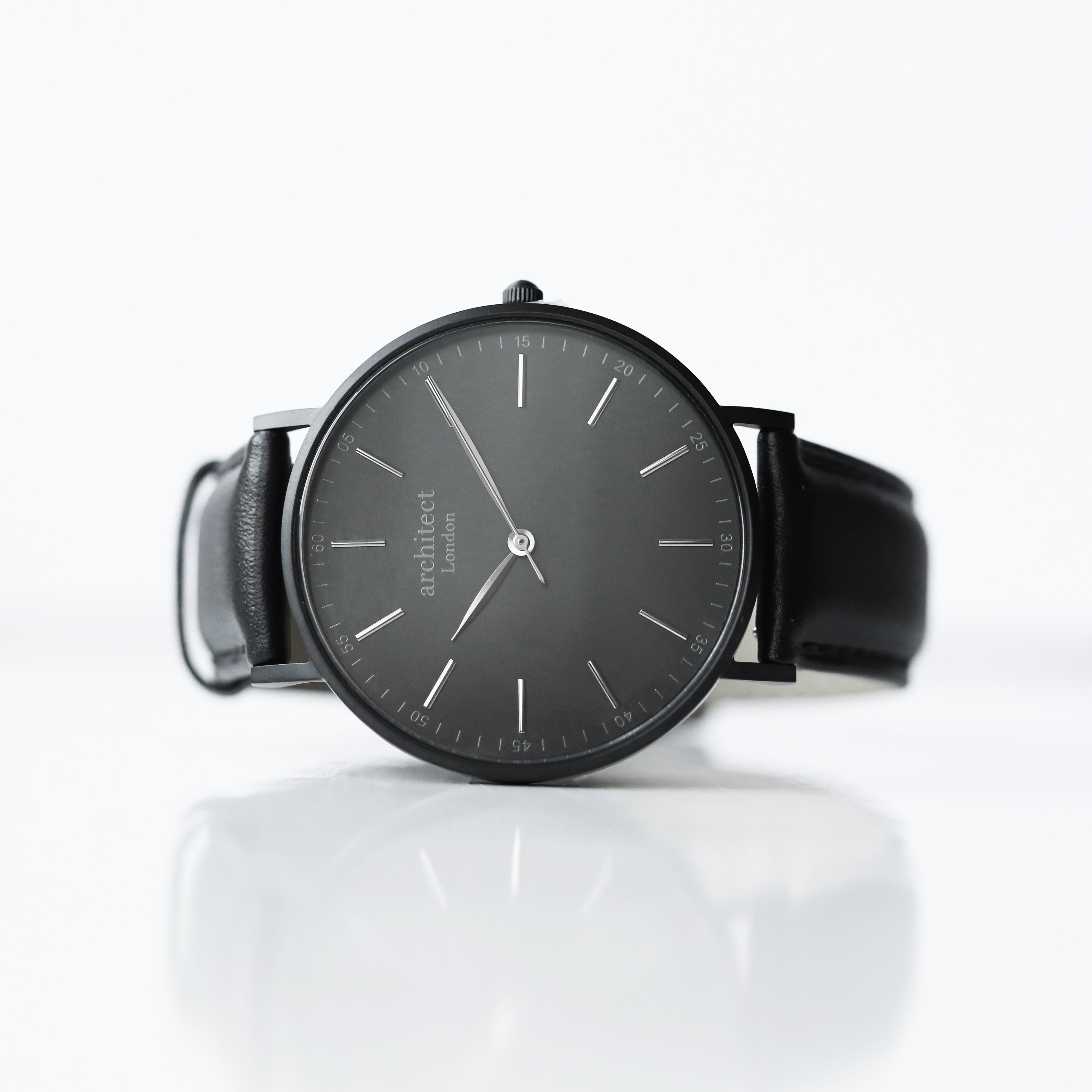 Modern Font Engraving – Men’s Minimalist Watch – Jet Black Strap – Genuine Leather / Stainless Steel – Architect Watches