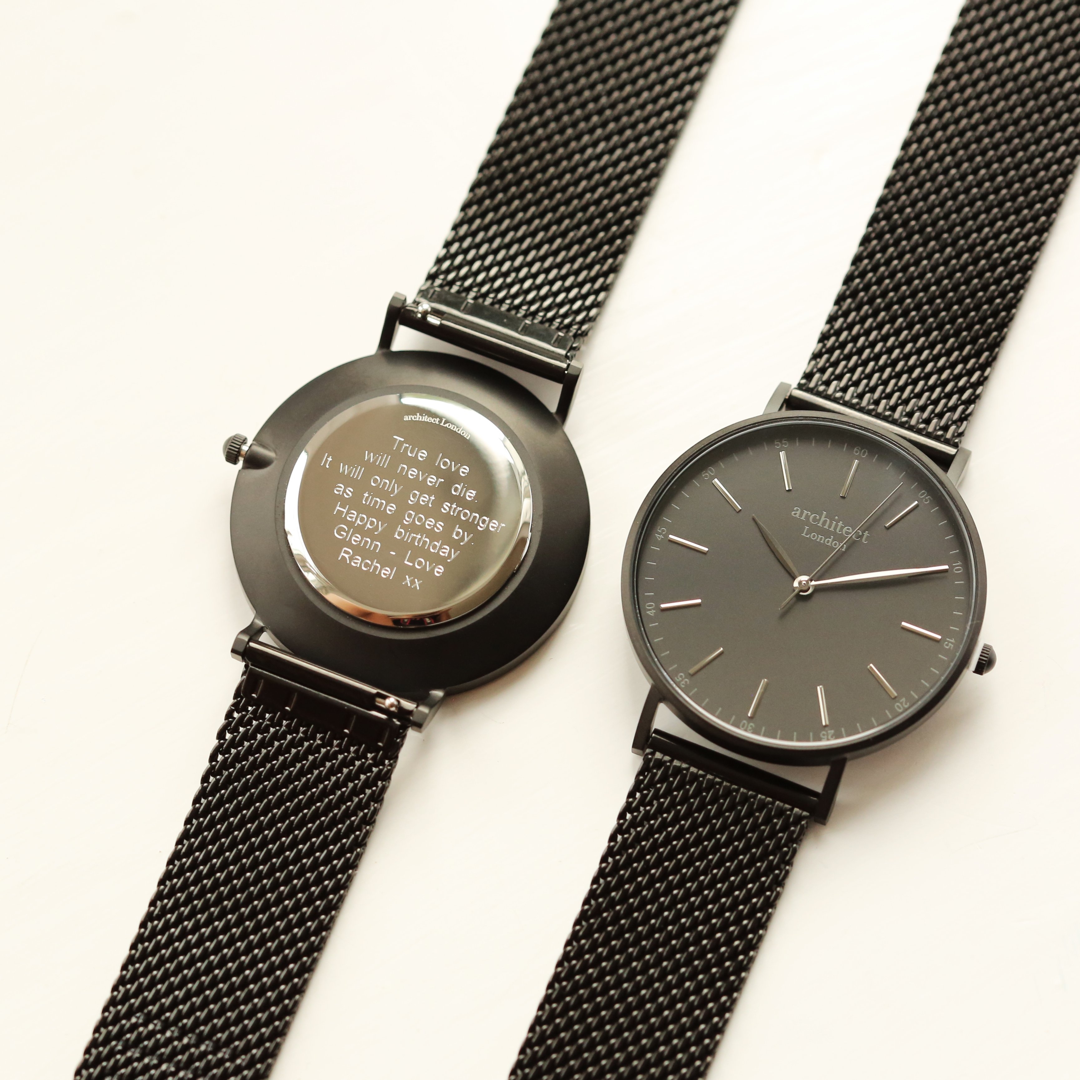 Modern Font Engraving – Men’s Minimalist Watch – Pitch Black Mesh Strap – Stainless Steel – Architect Watches