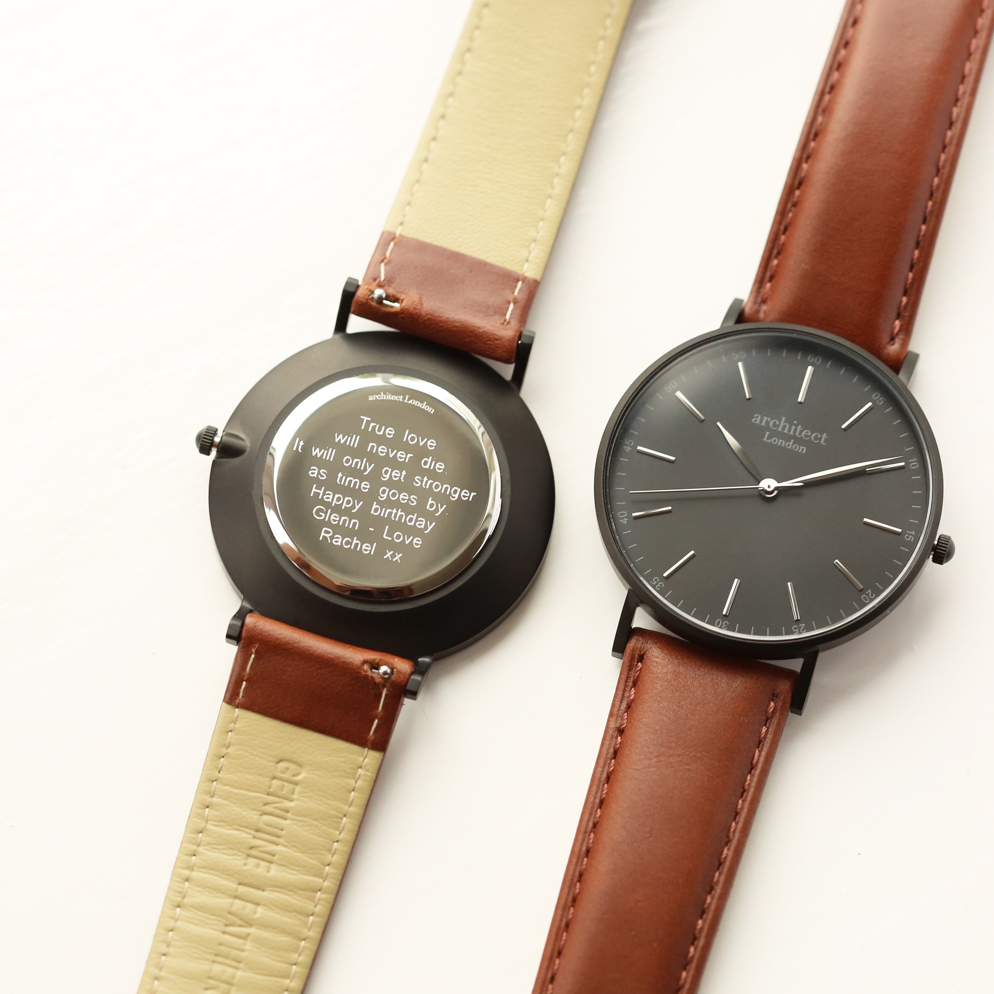 Modern Font Engraving – Men’s Minimalist Watch – Walnut Strap – Genuine Leather / Stainless Steel – Architect Watches
