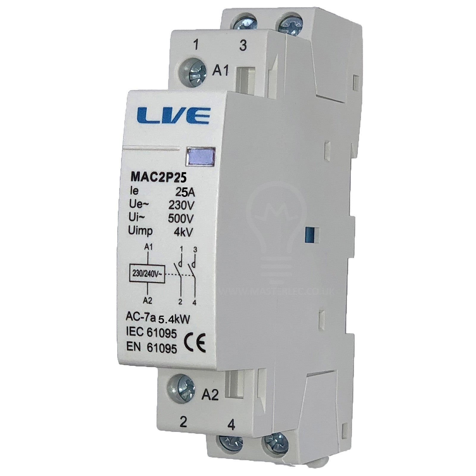 Live Electrical 2 Pole 4 Pole 20 – 63 Amp Contactor Normal Open DIN Rail 25 Amp 2 Pole MAC2P25 – Masterlec