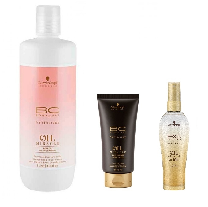 Schwarzkopf Bonacure Oil Miracle Rose Shampoo 1000ml, Gold Conditioner 150ml and Fine Mist 100ml