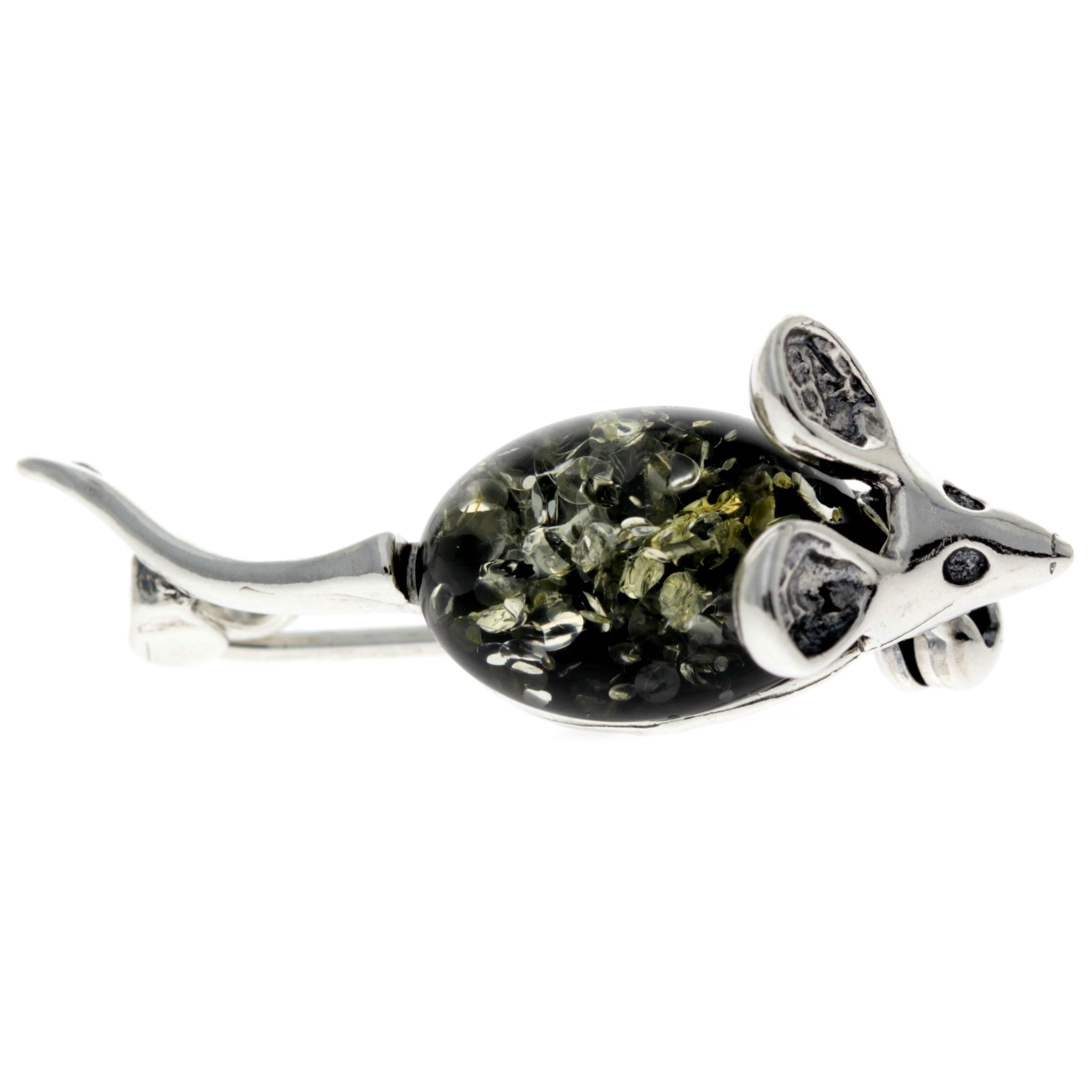 925 Sterling Silver & Baltic Amber Mouse Brooch – 4107 Green – SilverAmberJewellery