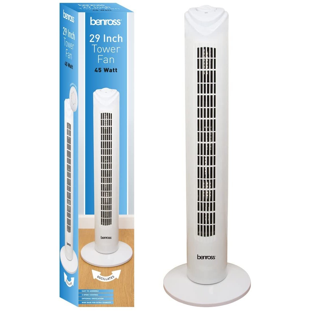 29 Inch Tower Fan – White – Benross Tower Fan 3 Speed Settings Oscillating Air Flow – Small Appliance – Spare And Square