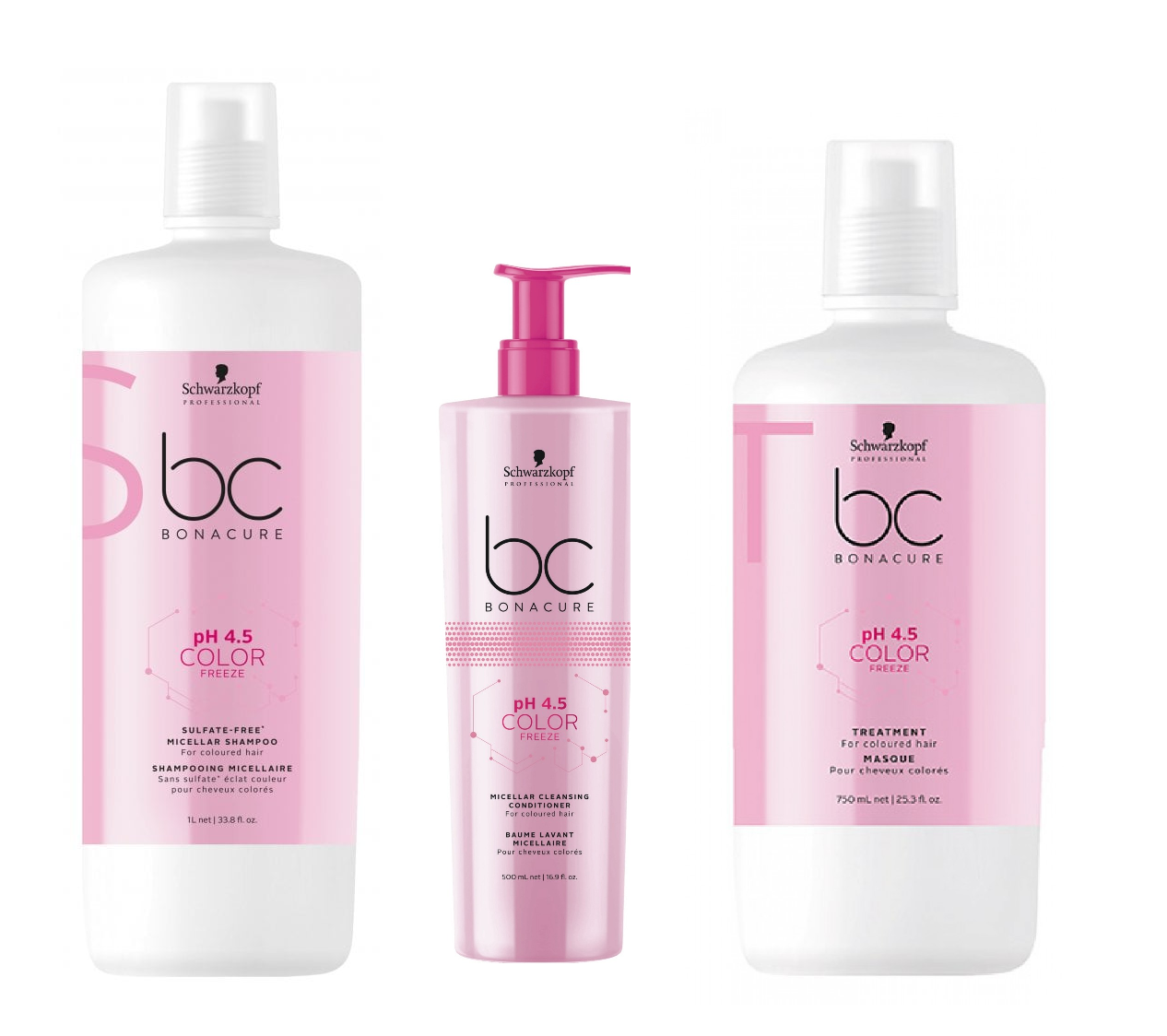 Schwarzkopf Bonacure pH 4.5 Color Freeze Micellar Sulfate-Free Shampoo 1000ml, Cleansing Conditioner 500ml and Treatment 750ml
