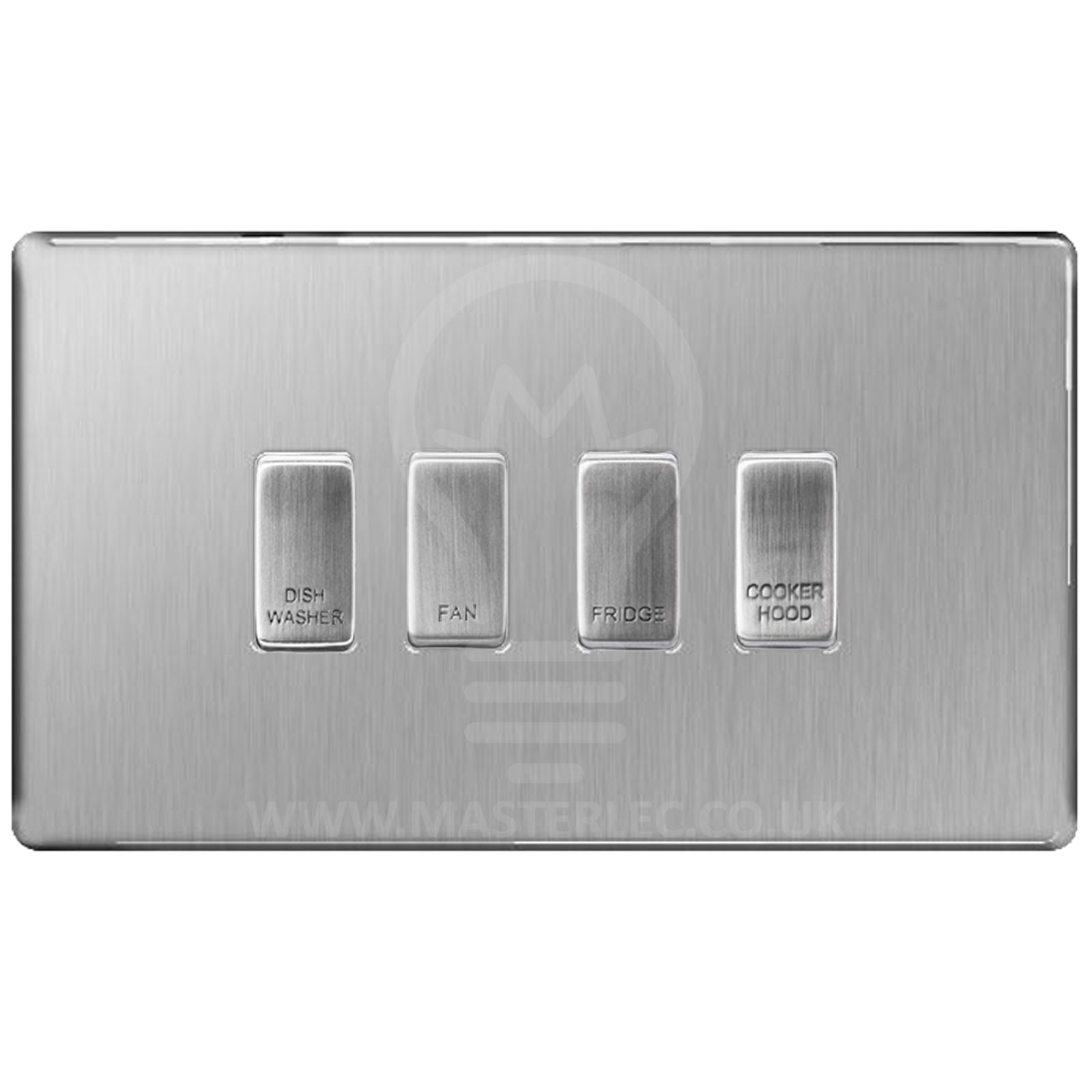 BG Screwless Brushed Steel 4 Gang Engraved Custom Labelled Appliance Grid Switch – Masterlec