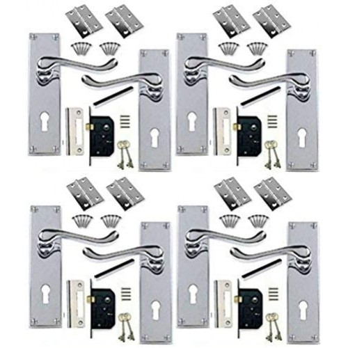 4 Sets Of Victorian Scroll Polished Chrome Door Handle Lock Pack +2 Lever Lock + Hinges – My Door Handles