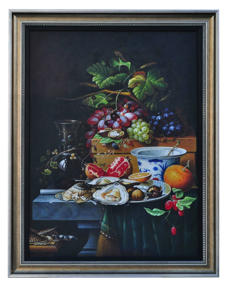 Still life of seafood and fruit, original oil painting