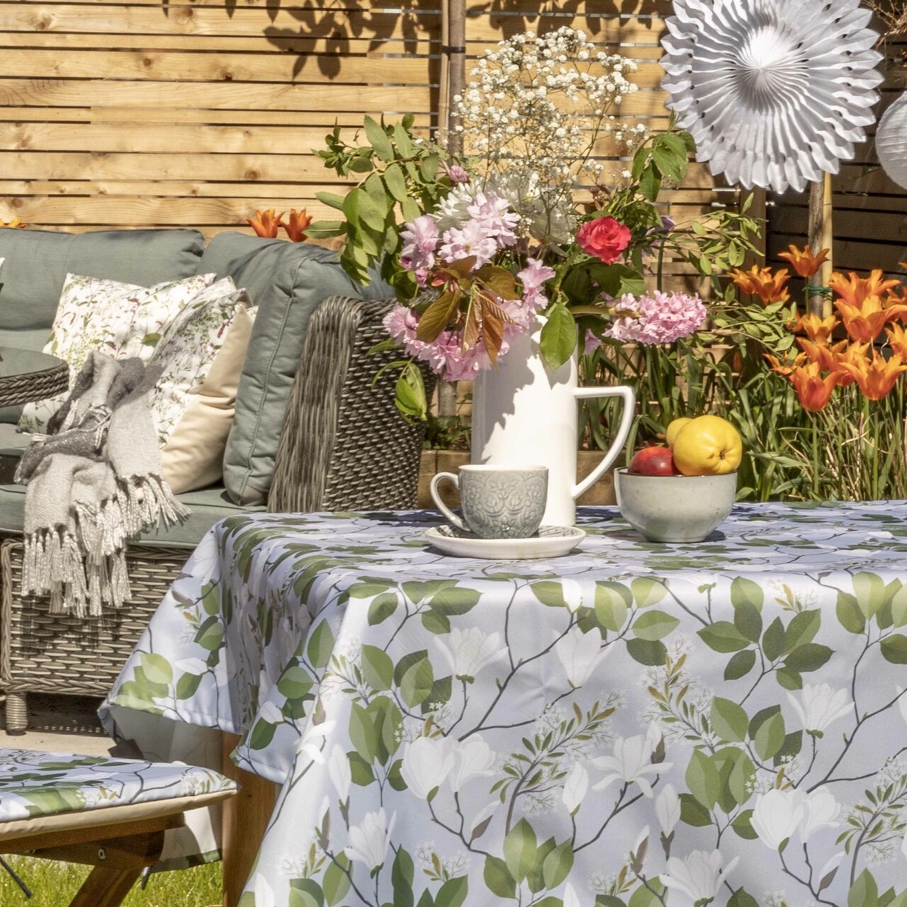 Celina Digby Luxury Outdoor Garden Tablecloth AVAILABLE IN 5 SIZES – Optional Centre Hole for Parasol Magnolia Grey XL (250cm x 140cm)