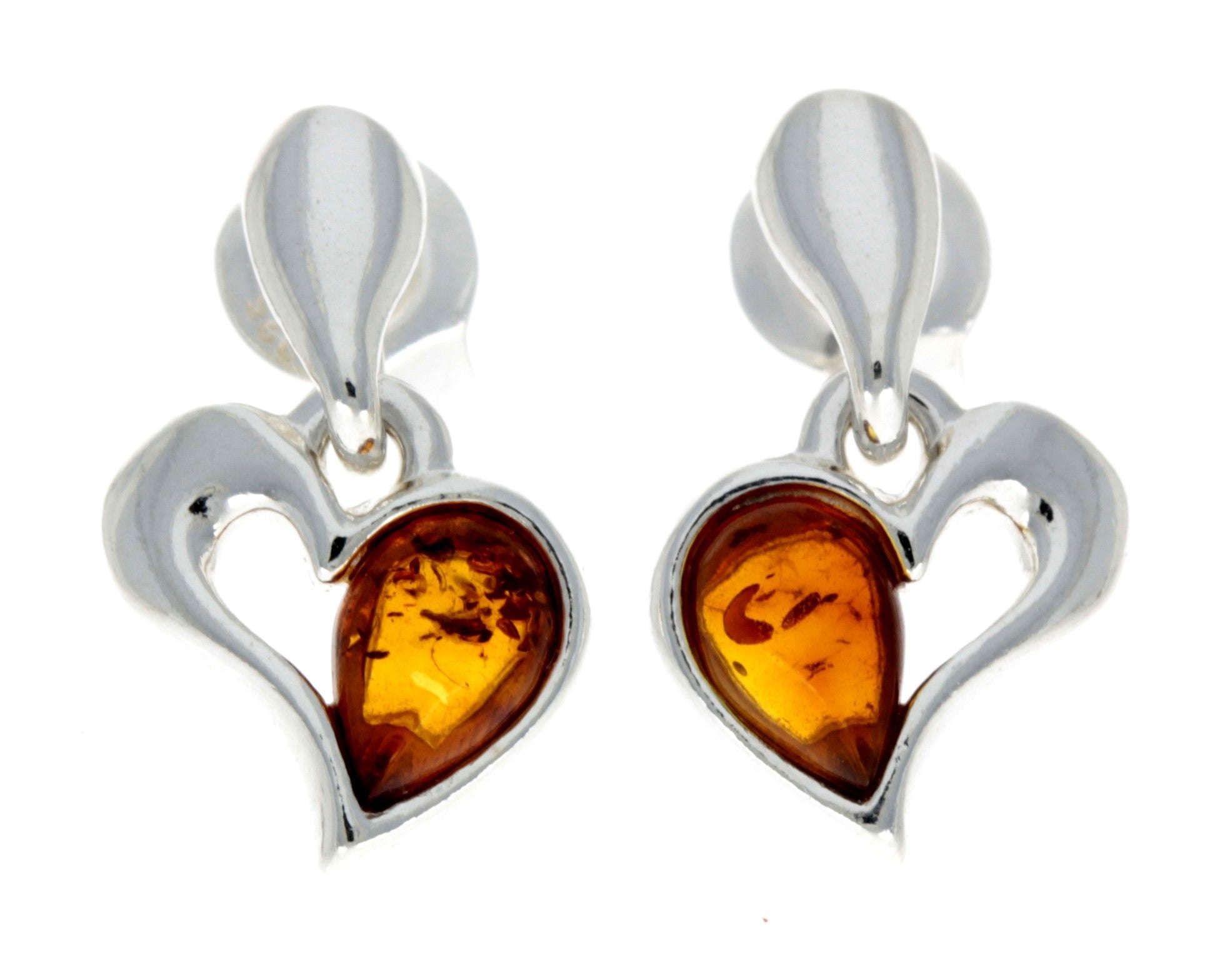 925 Sterling Silver & Baltic Amber Drop Hearts Earrings – GL154 Cognac – SilverAmberJewellery