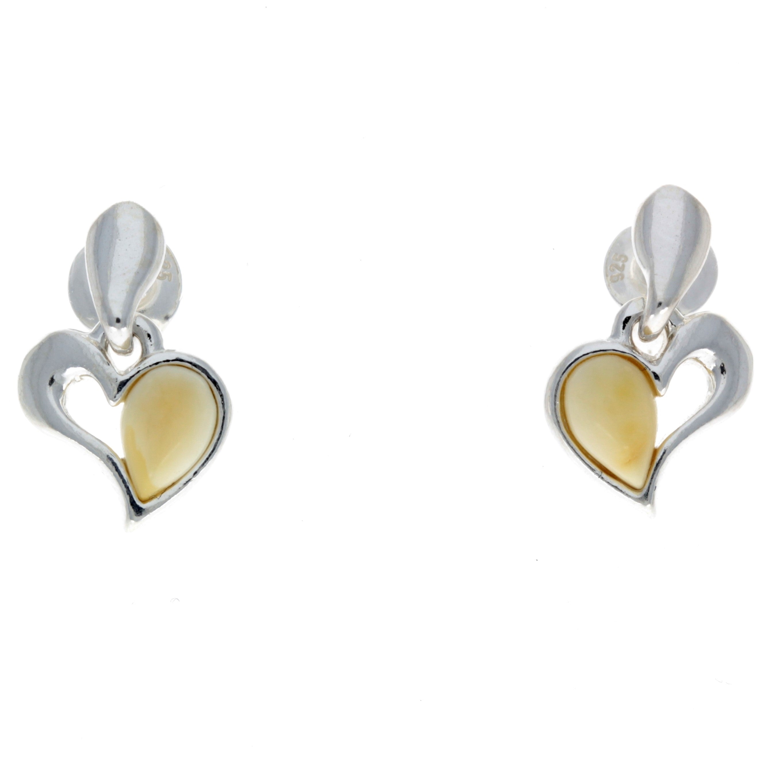 925 Sterling Silver & Baltic Amber Drop Hearts Earrings – GL154 Lemon – SilverAmberJewellery