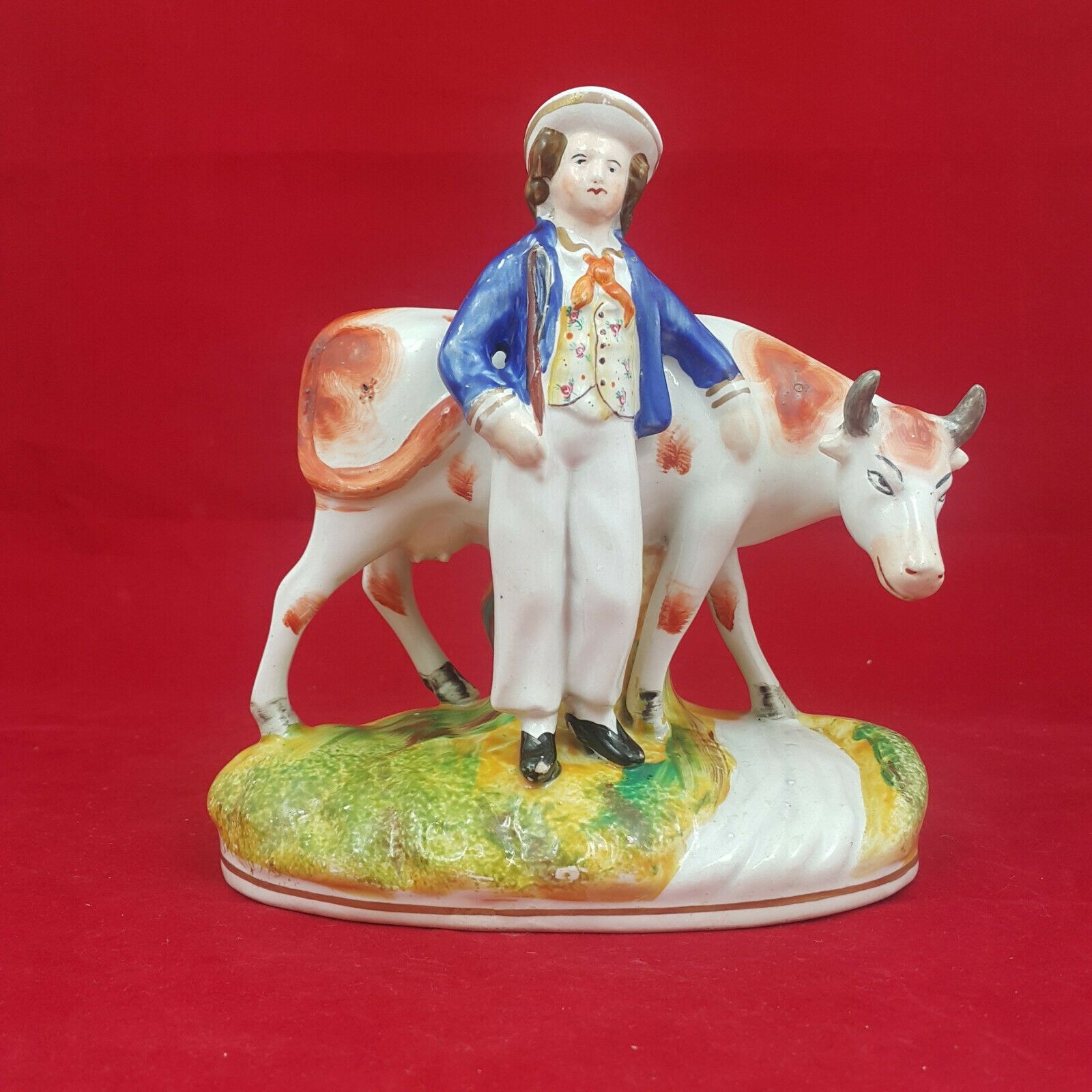 Staffordshire Victorian Pottery Milkmaid with Cow – Blue top – Amazing Antiques Etc. – Amazing Antiques