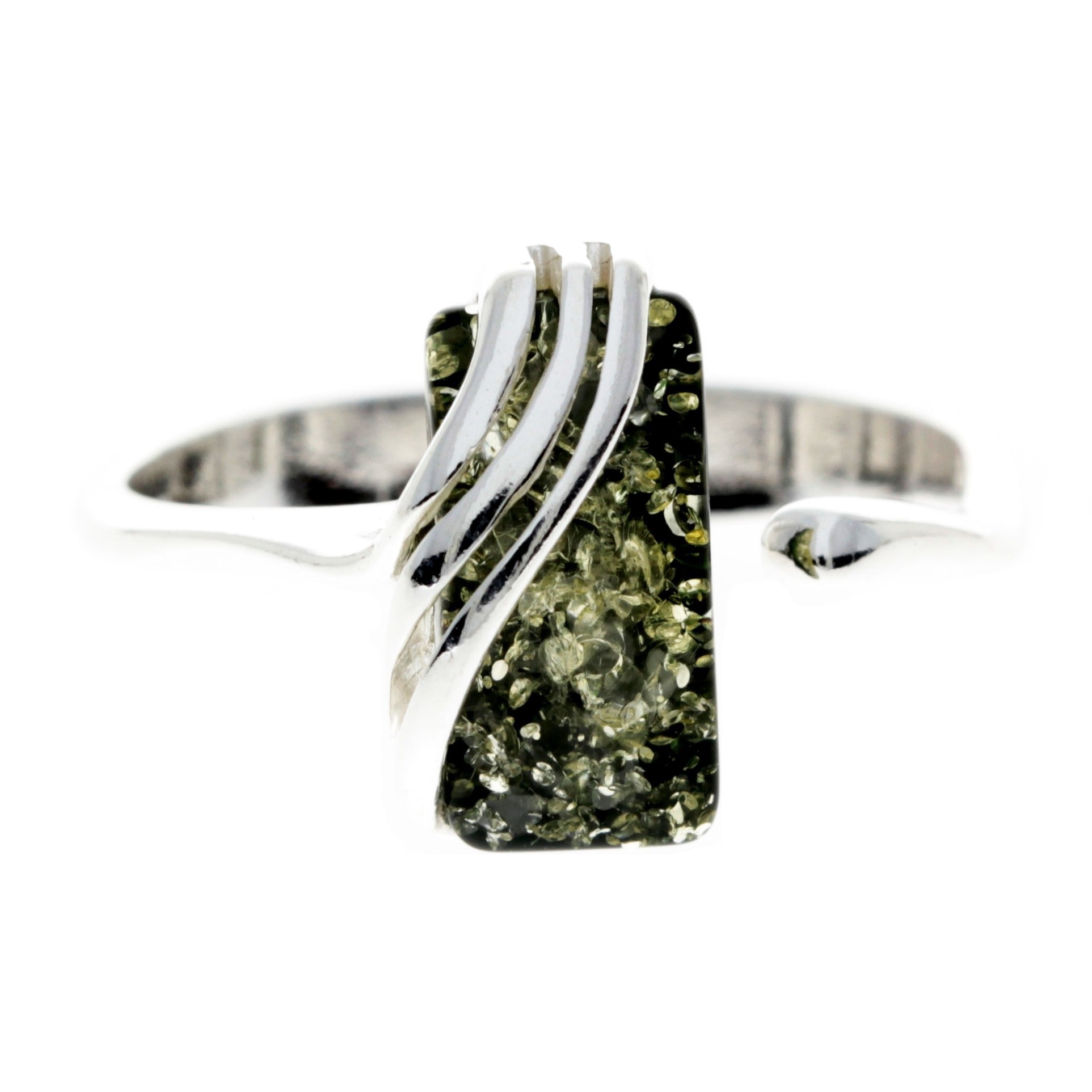 925 Sterling Silver & Genuine Baltic Amber Rectangular Modern Adjustable Ring – GL418A Green – SilverAmberJewellery