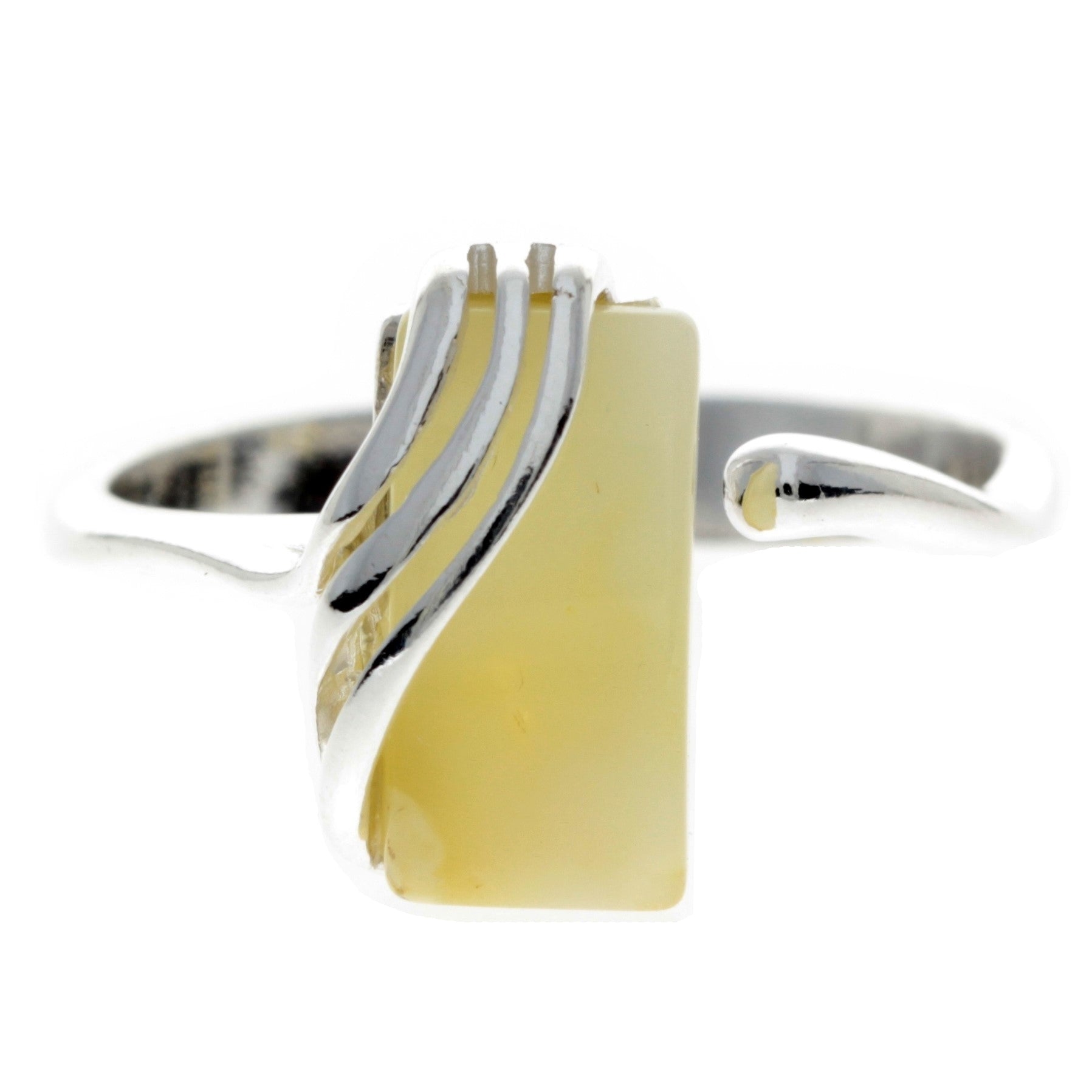 925 Sterling Silver & Genuine Baltic Amber Rectangular Modern Adjustable Ring – GL418A Lemon – SilverAmberJewellery