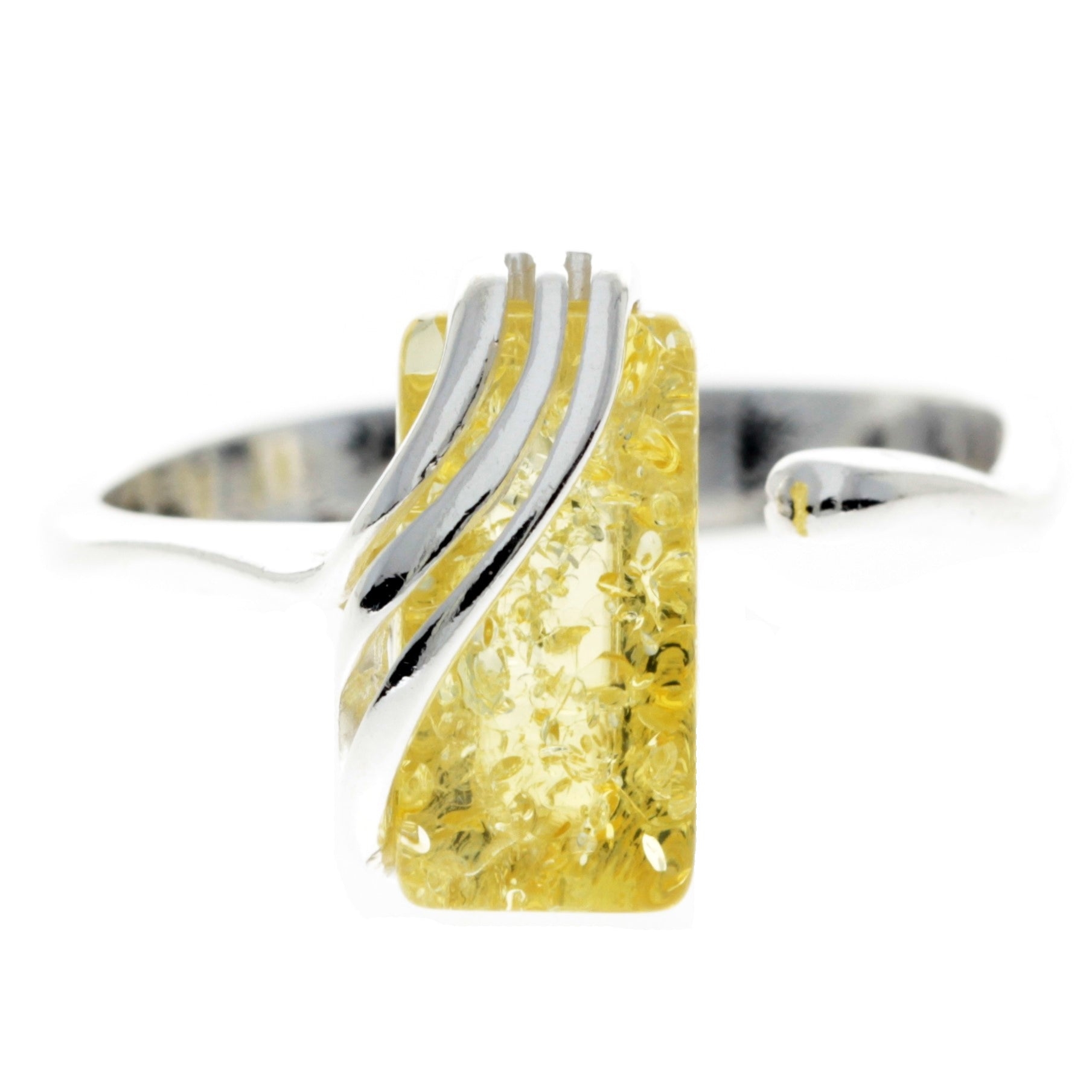925 Sterling Silver & Genuine Baltic Amber Rectangular Modern Adjustable Ring – GL418A Honey – SilverAmberJewellery