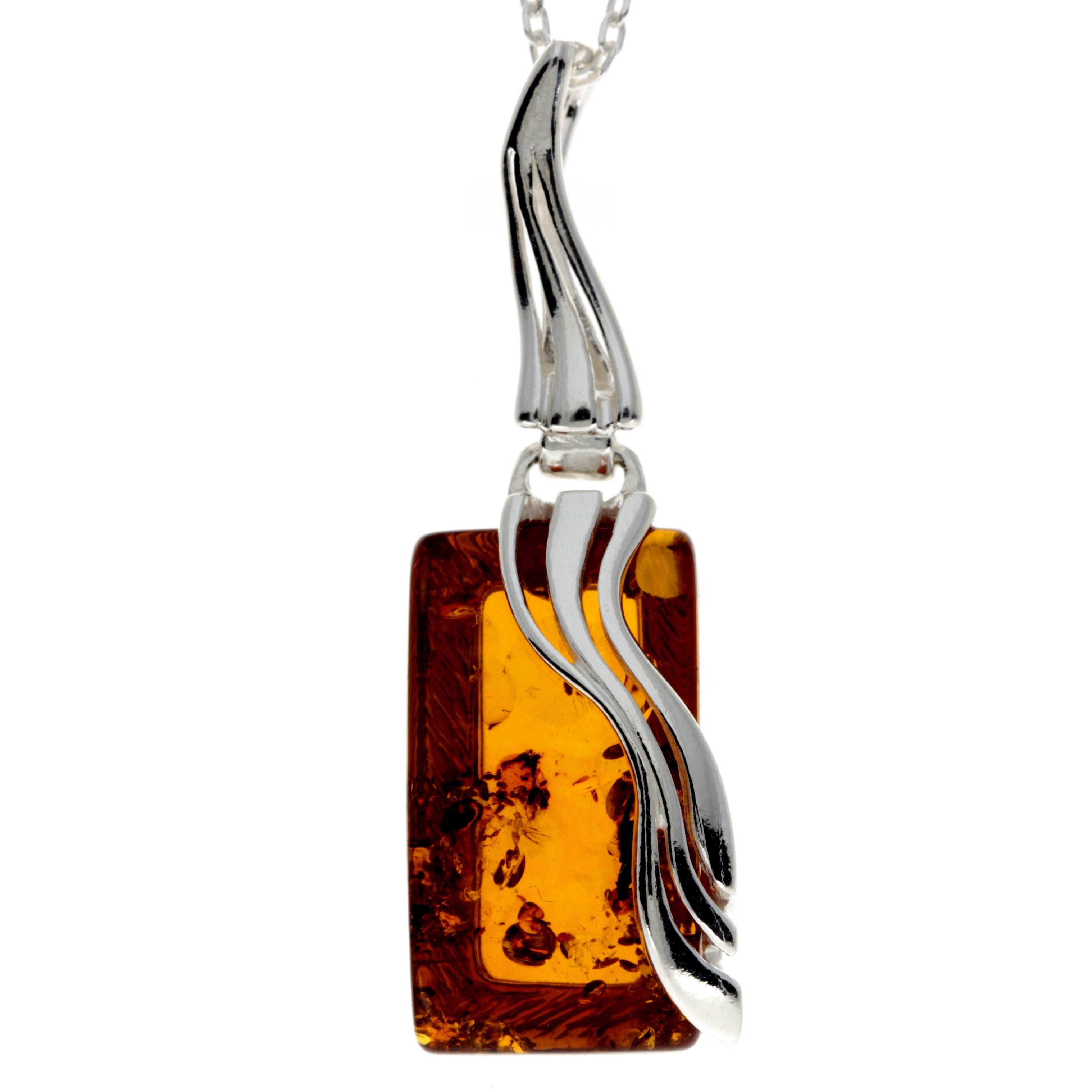 925 Sterling Silver & Genuine Baltic Amber Rectangular Modern Pendant – GL253B Cognac – SilverAmberJewellery