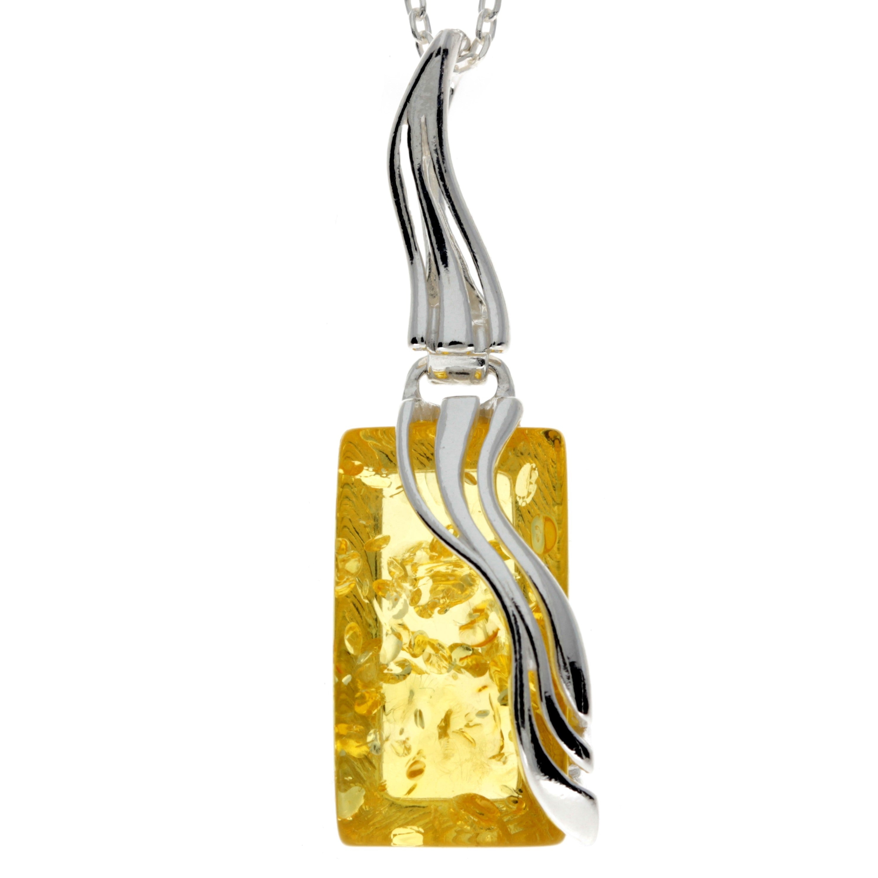 925 Sterling Silver & Genuine Baltic Amber Rectangular Modern Pendant – GL253B Honey – SilverAmberJewellery