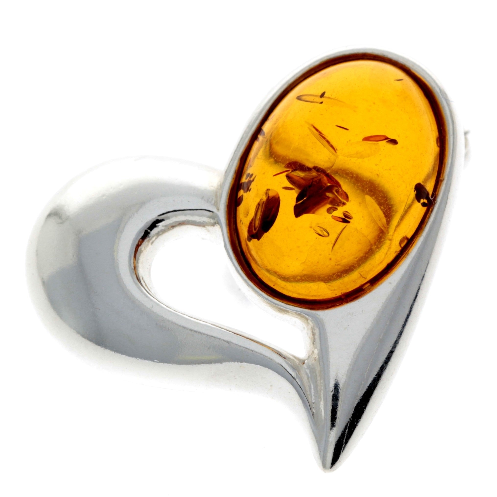 925 Sterling Silver & Baltic Amber Heart Brooch – GL816 Cognac – SilverAmberJewellery