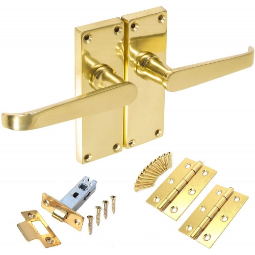 Polished Brass Straight Interior Door Handle Set Backplate – 120mm x 40mm – Internal Victorian Latch Kit – Tubular Latch & Hinges – My Door Handles