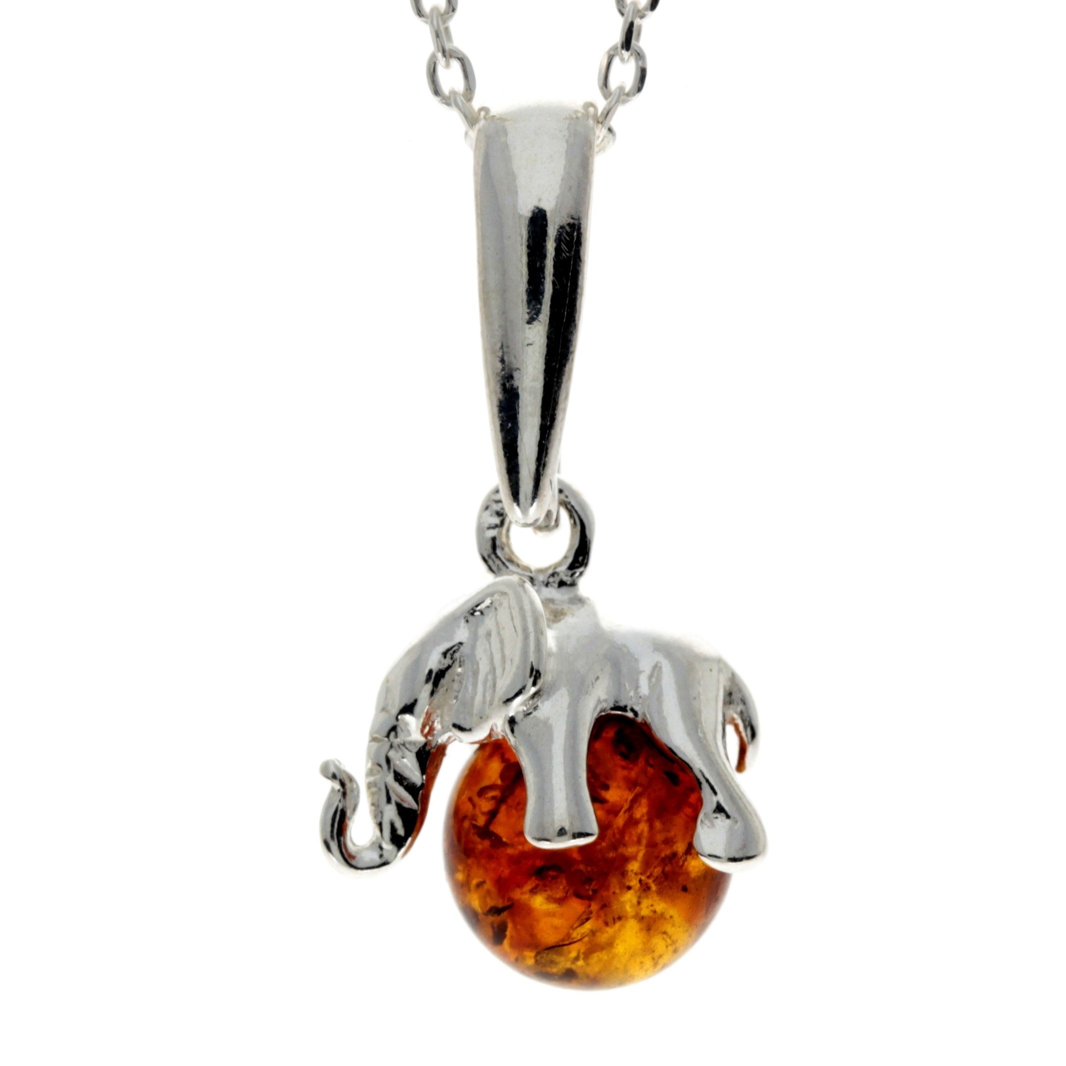 925 Sterling Silver Lucky Elephant sitting on Amber Ball – GL354 16″ trace chain – Cognac – Pendant – SilverAmberJewellery