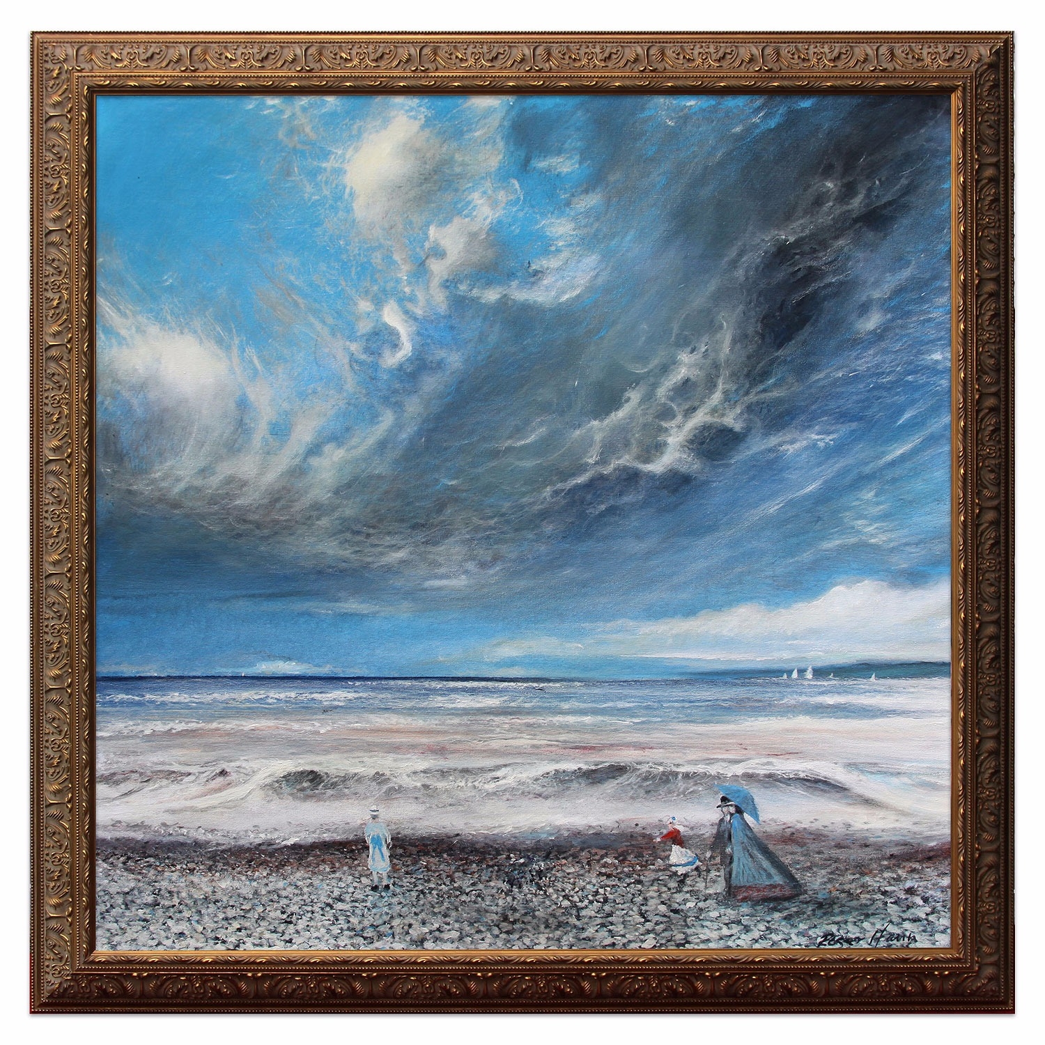 A stroll after lunch to enjoy the crashing waves, original framed oil painting
