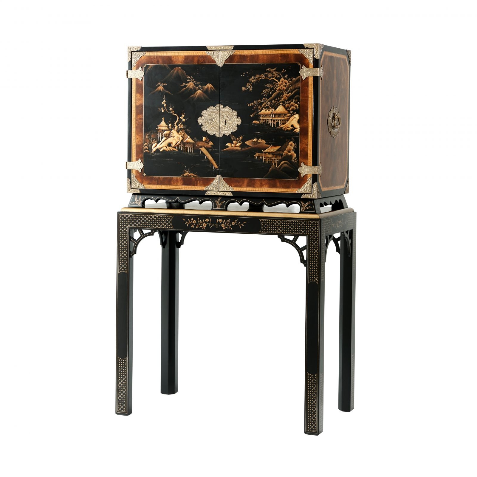 Theodore Alexander Black Lacquered Chinoiserie Bar or Drinks Cabinet with Hand-Painted Chinese Decoration