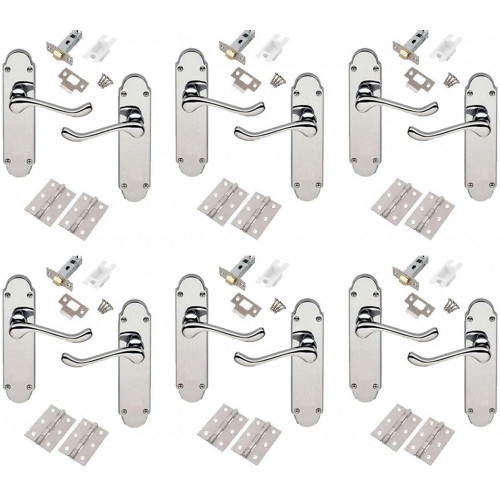 6 x Sets Shaped Epsom Design Scroll Door Handles With Hinges & Latches – Polished Chrome – Golden Grace – My Door Handles